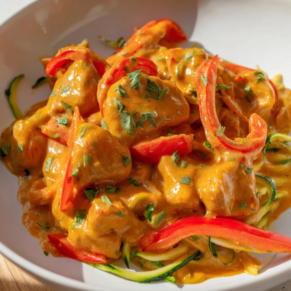 Close-up of vibrant coconut curry chicken with zucchini noodles topped with lime wedges and chopped cilantro.