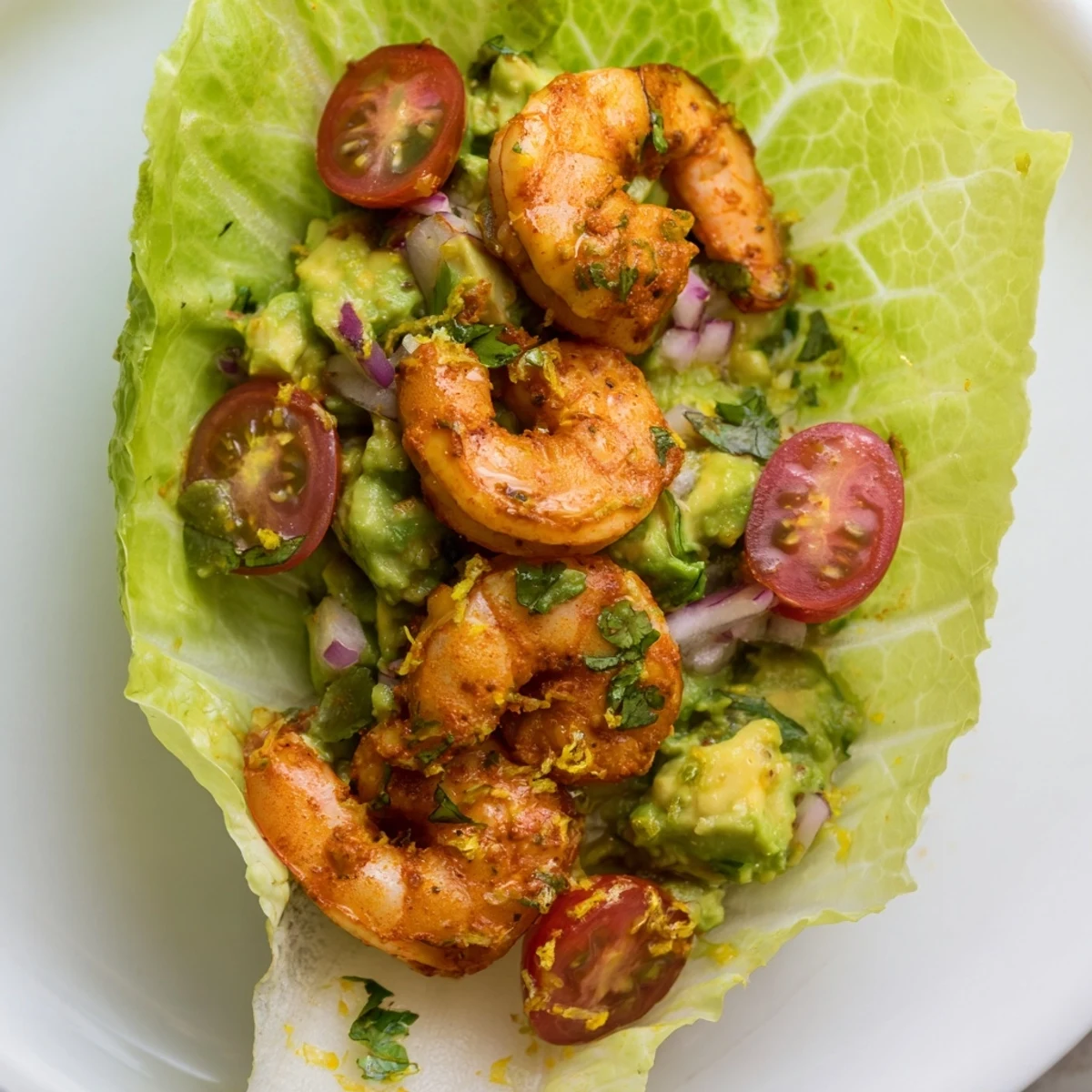 Tender grilled shrimp nestled in butter lettuce cups with vibrant avocado and cherry tomatoes for this Lemon Avocado Shrimp Lettuce Wraps recipe.