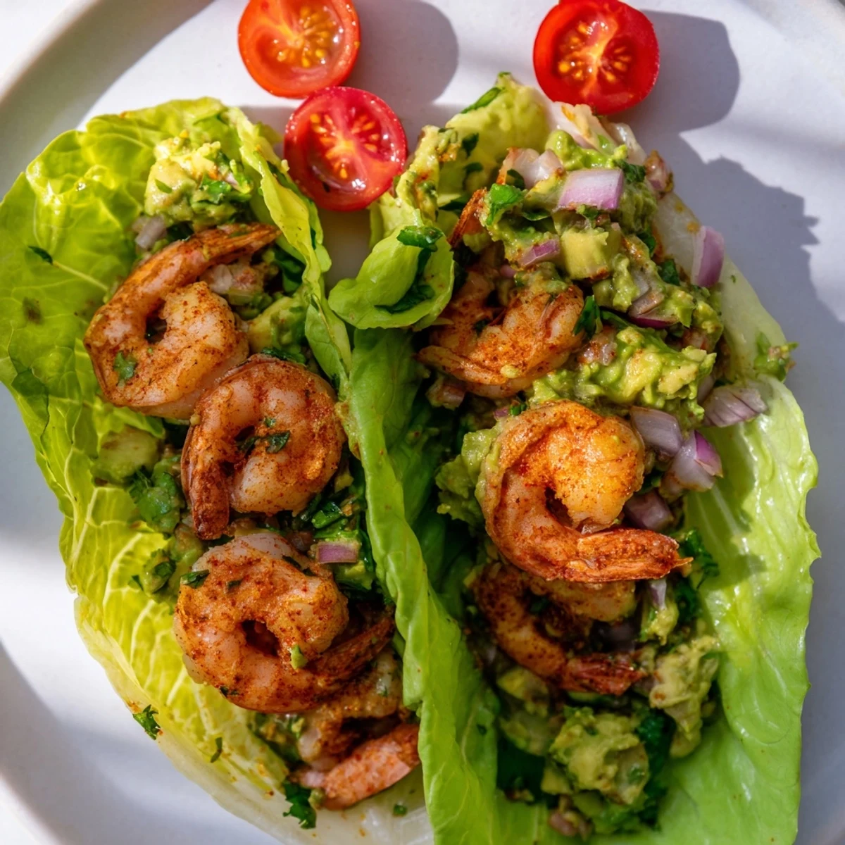 Zesty Lemon Avocado Shrimp Lettuce Wraps plated with fresh cilantro and lemon wedges, offering a bright and refreshing gluten-free lunch option.