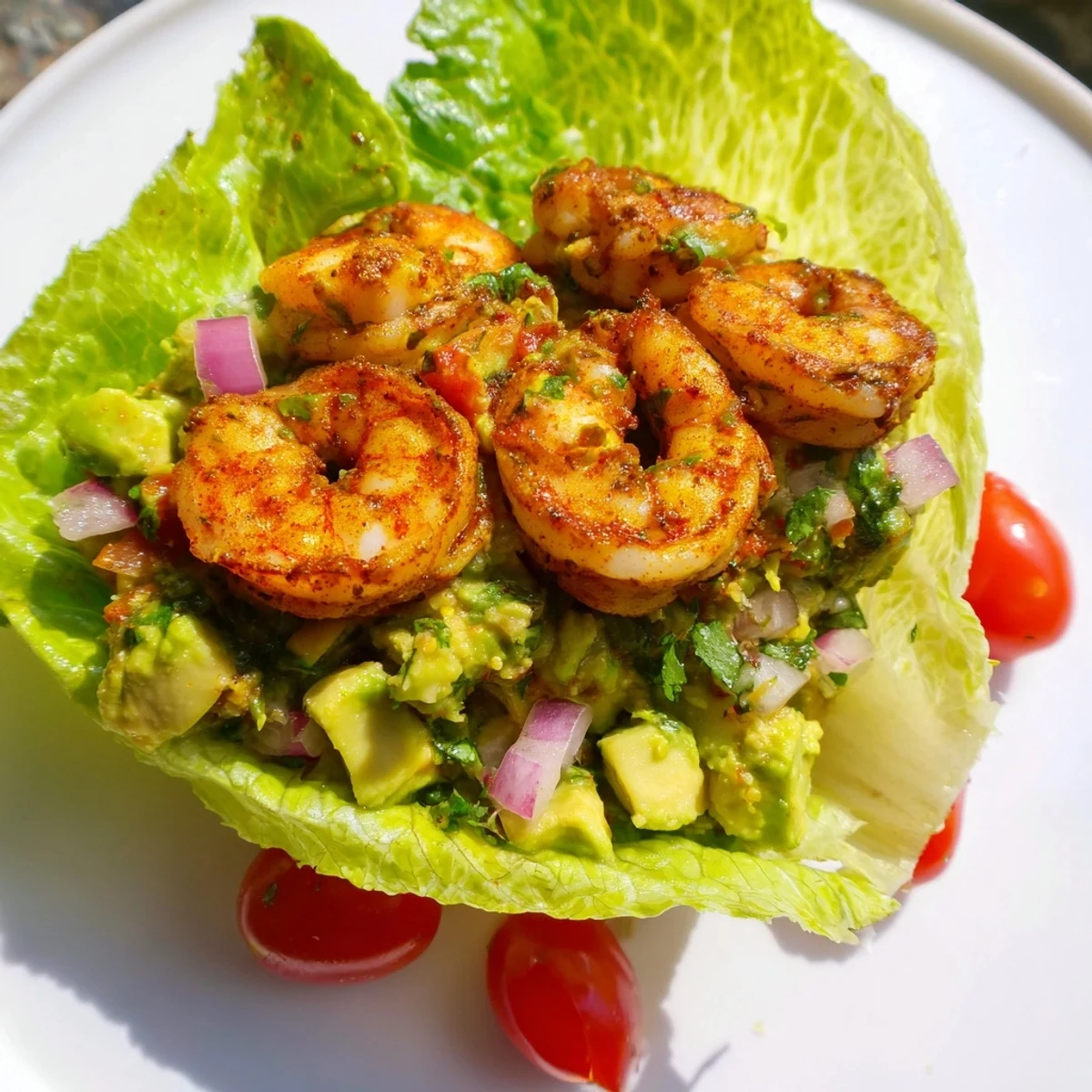 Golden sautéed shrimp top creamy avocado mash inside crisp lettuce leaves, showcasing the easy, savory flavors of Lemon Avocado Shrimp Lettuce Wraps.