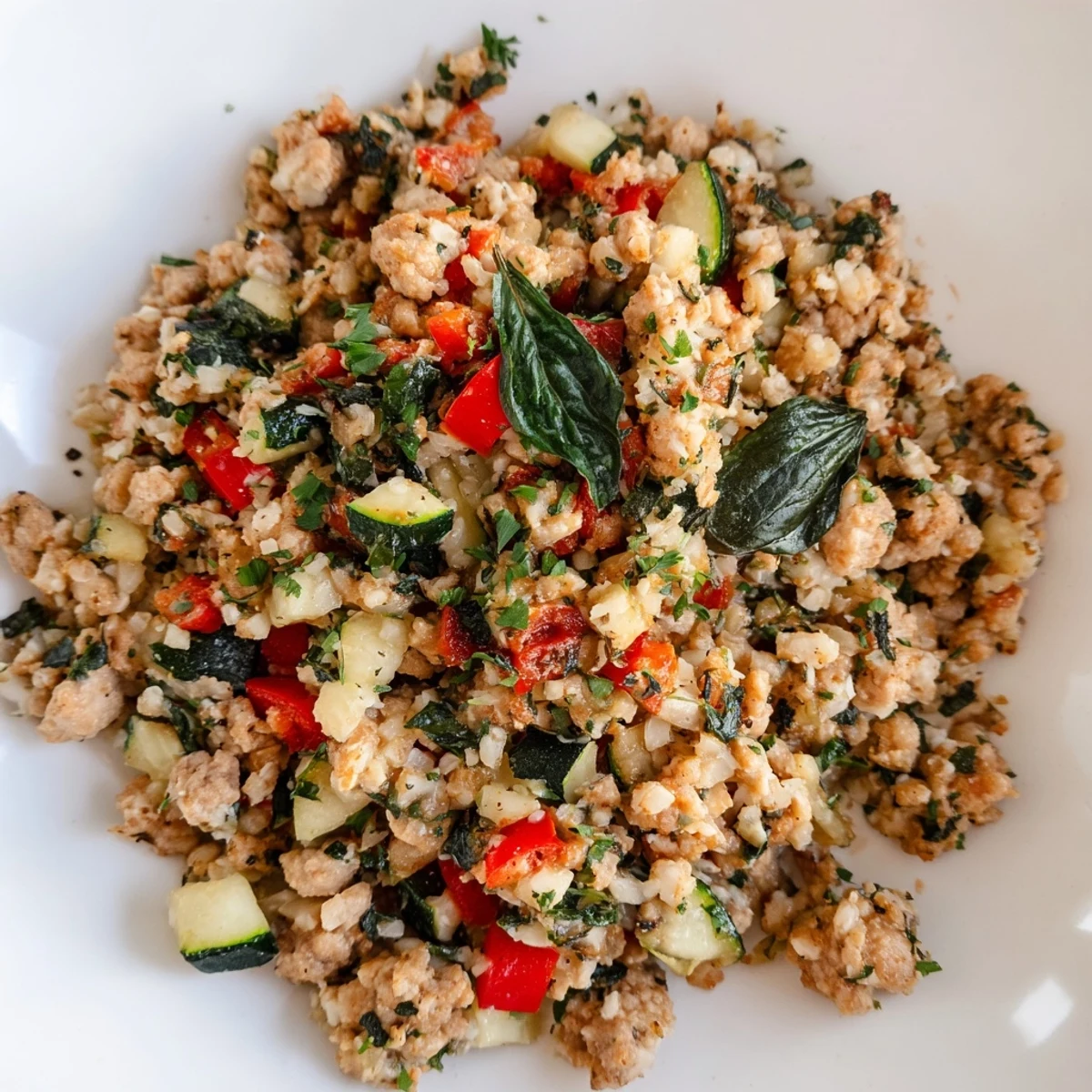 Freshly cooked Herbed Turkey and Cauliflower Rice Skillet with tender ground turkey, wilted spinach, and herbs in a sizzling pan.