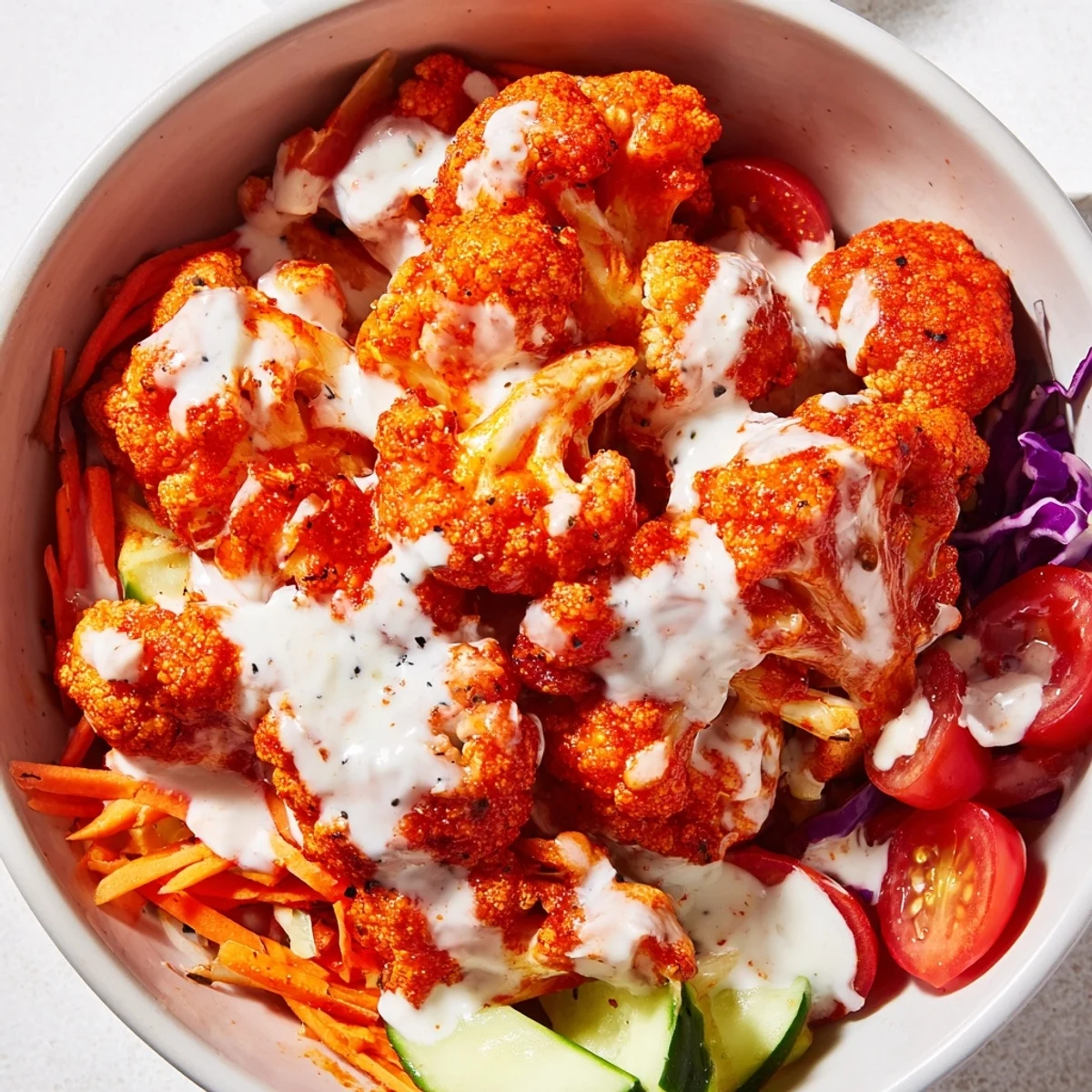 A colorful plant-based bowl featuring crispy Buffalo Cauliflower and Almond Ranch, topped with fresh carrots, tomatoes, and fluffy quinoa.