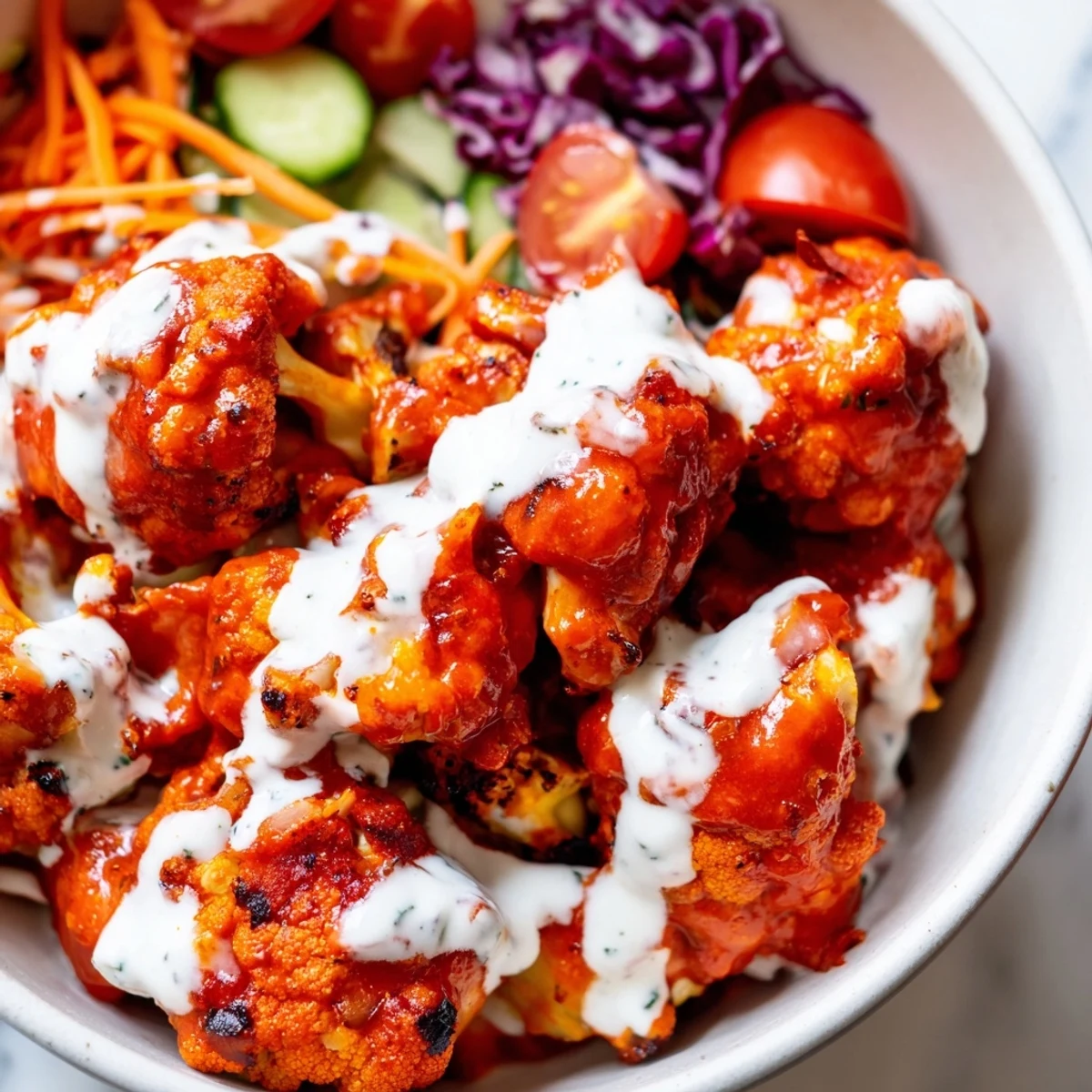 Golden baked cauliflower tossed in hot sauce, cool crunchy vegetables, and smooth almond ranch over grains in a nourishing lunch bowl.