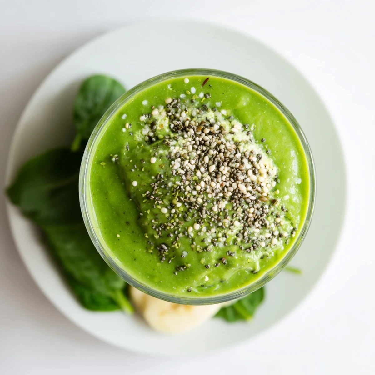 Glossy Spring Pea and Mint Protein Smoothie in a tall glass, blending sweet peas, ripe banana, and almond milk with vibrant green hue.