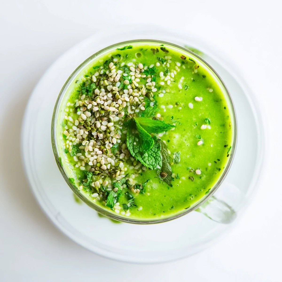 Creamy Spring Pea and Mint Protein Smoothie poured into glasses, garnished with fresh mint leaves and seeds for a nutritious breakfast.