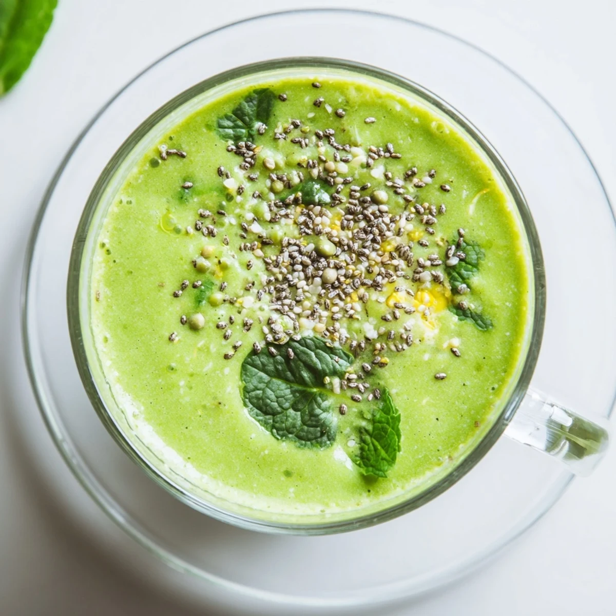 Refreshing Spring Pea and Mint Protein Smoothie served over ice, topped with hemp seeds beside a slice of whole grain toast.