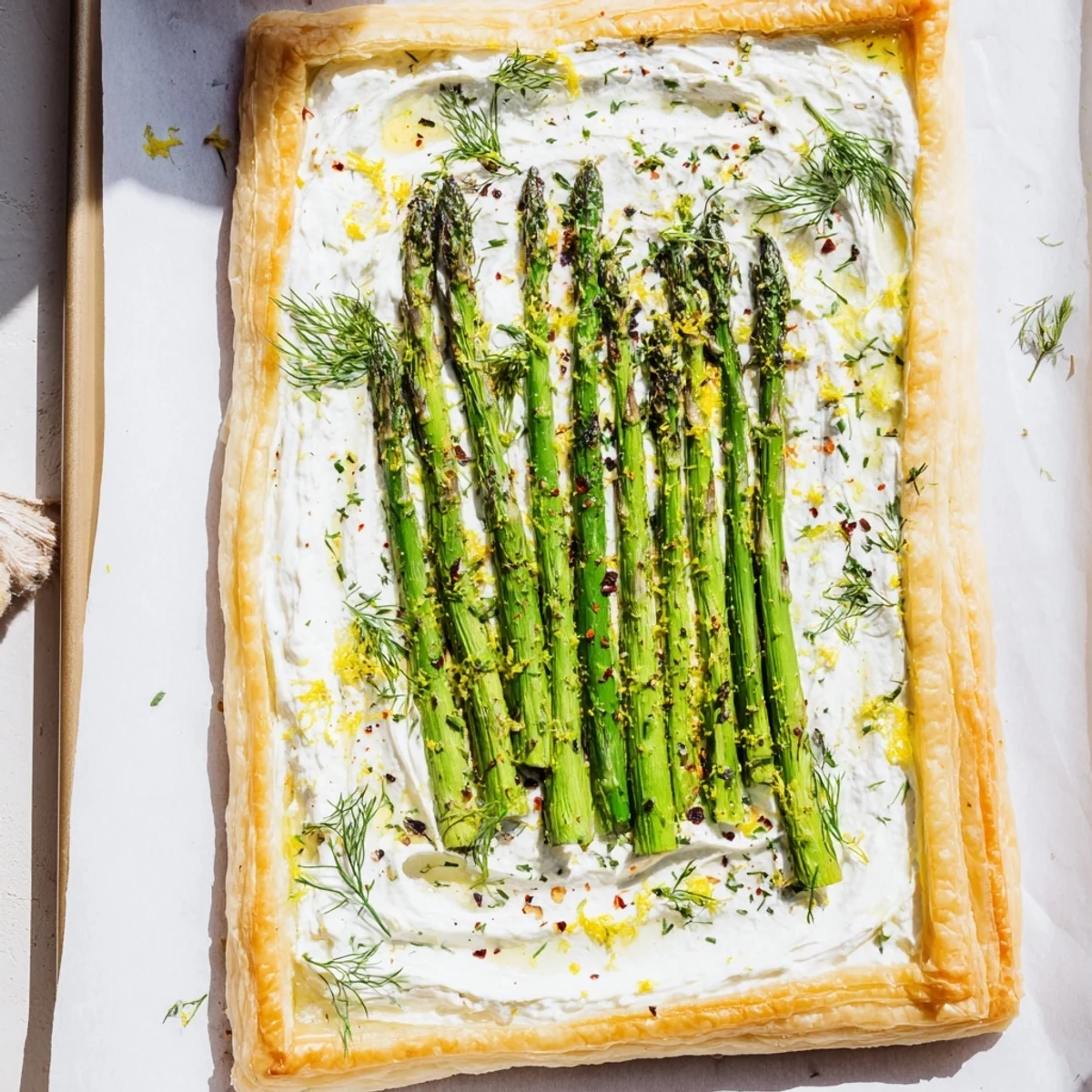 Freshly baked Whipped Feta and Roasted Asparagus Tart with golden puff pastry and vibrant green spears.  