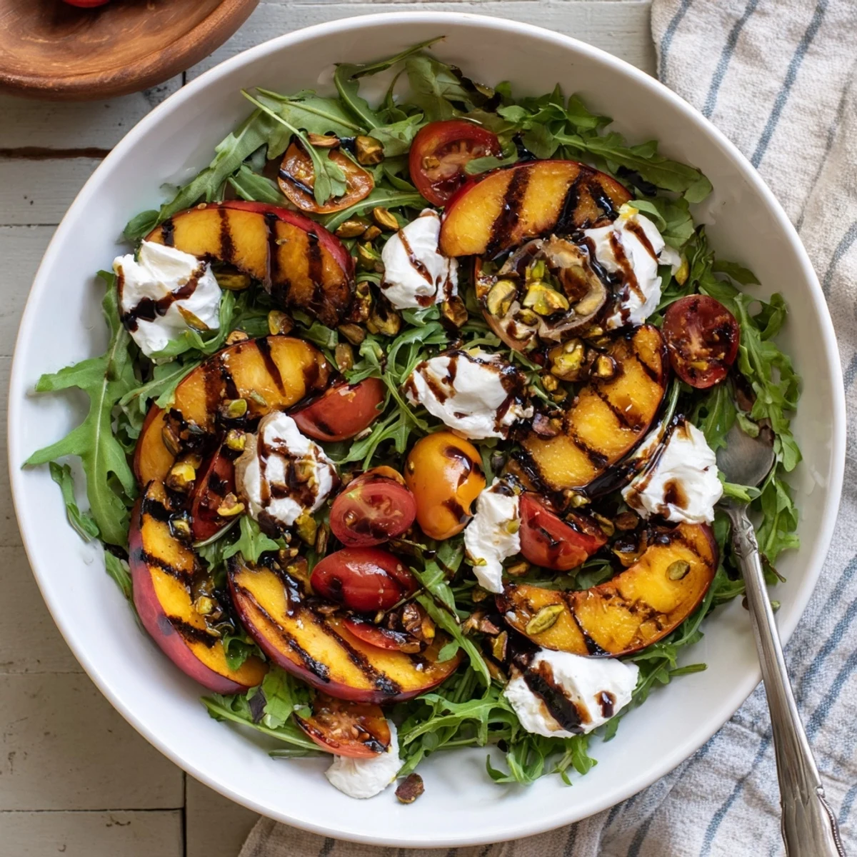 Golden grilled nectarines paired with creamy burrata over peppery arugula with balsamic glaze
