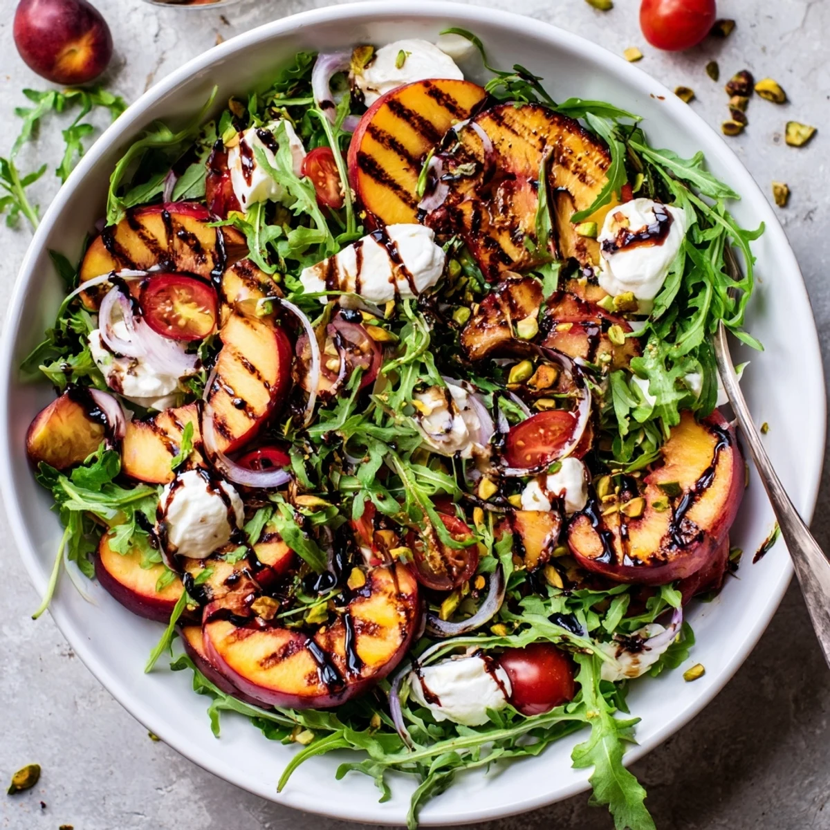 Summer salad bowl featuring charred nectarines, fresh burrata cheese, and crisp arugula with pistachios