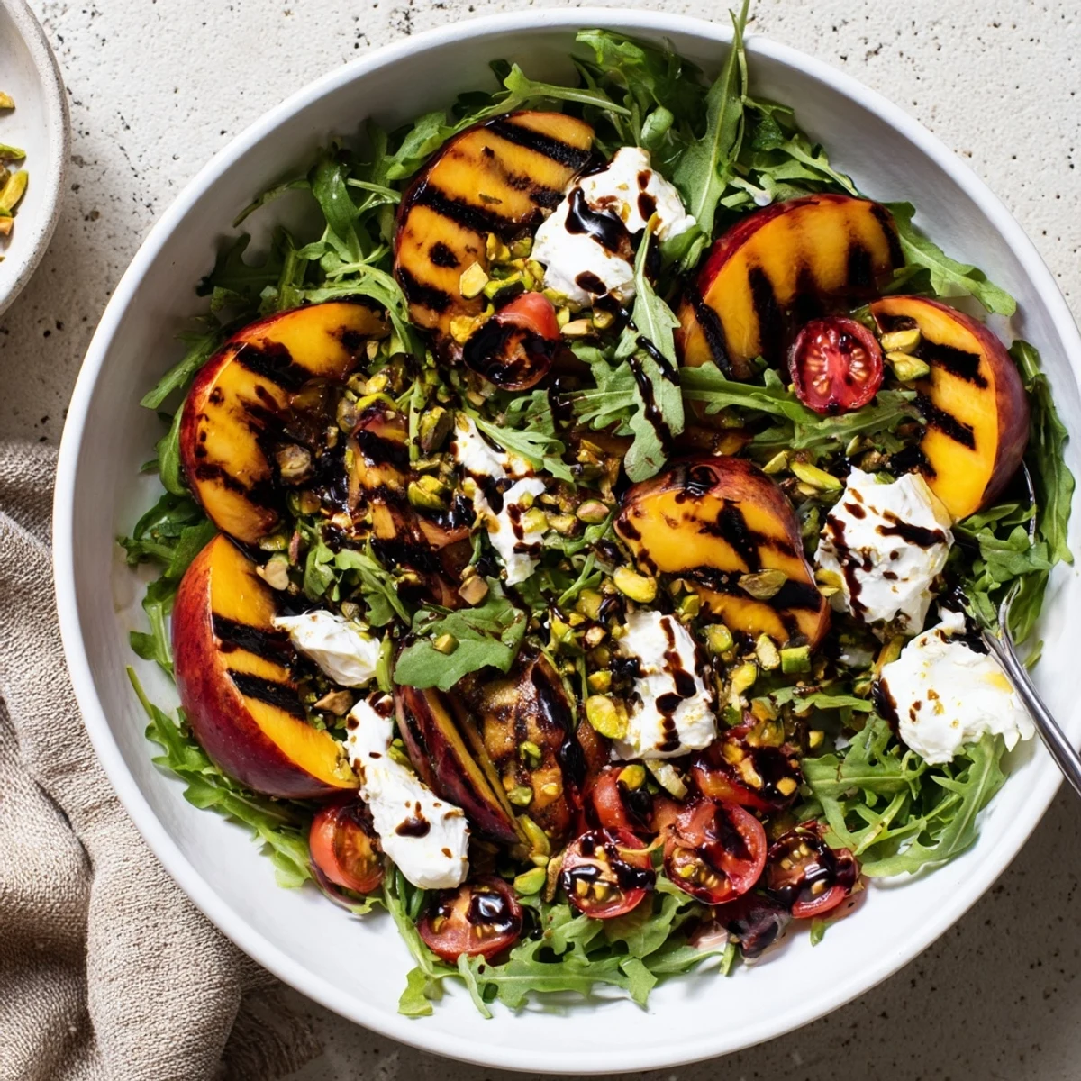 Vibrant grilled nectarine and burrata salad with arugula, cherry tomatoes, and tangy balsamic drizzle