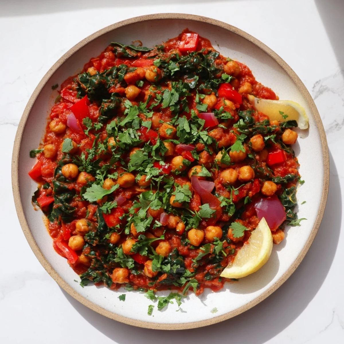 Vibrant smoky harissa chickpea and kale skillet in a cast iron pan with fresh cilantro garnish
