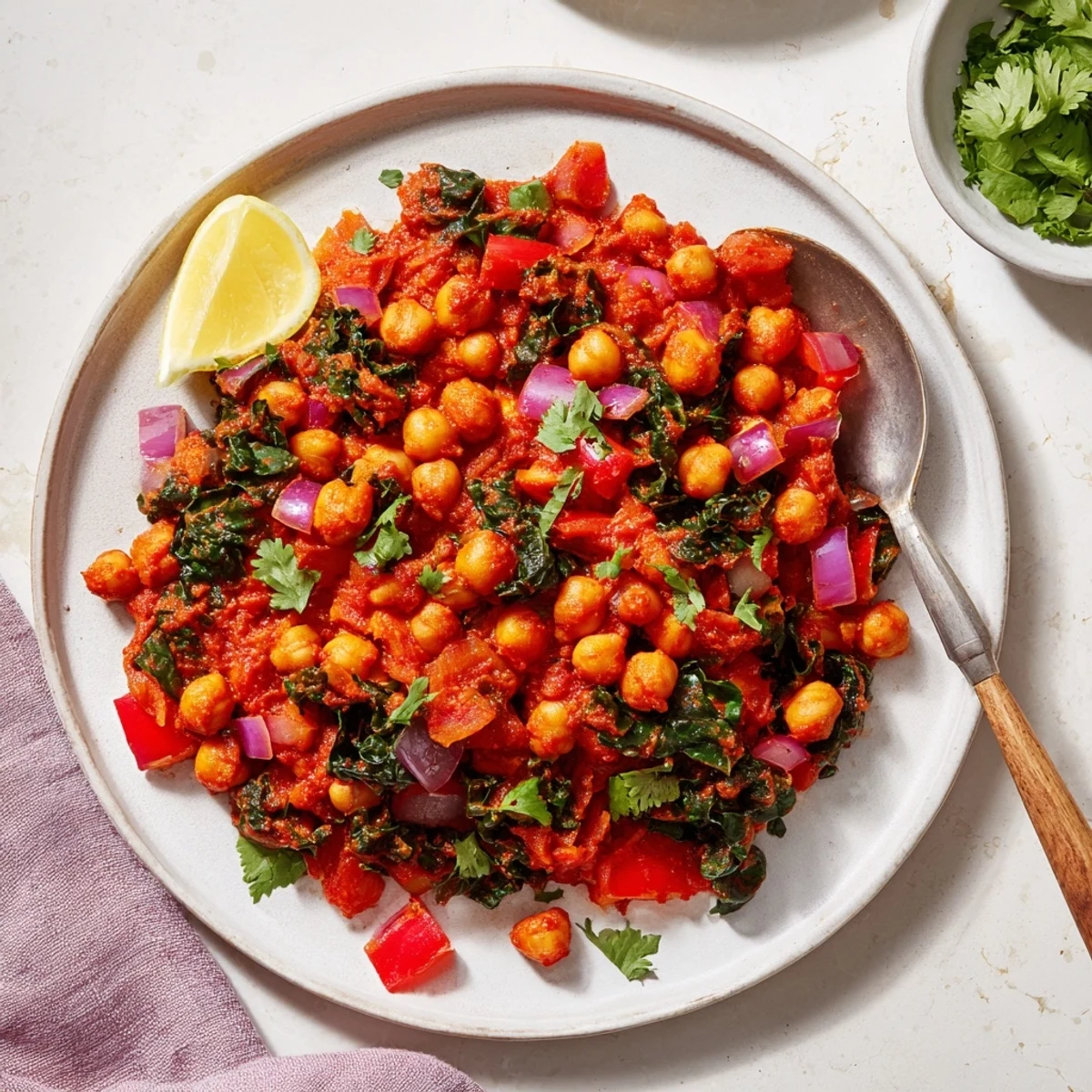 Golden red smoky harissa chickpea and kale skillet bubbling with diced tomatoes and tender wilted greens