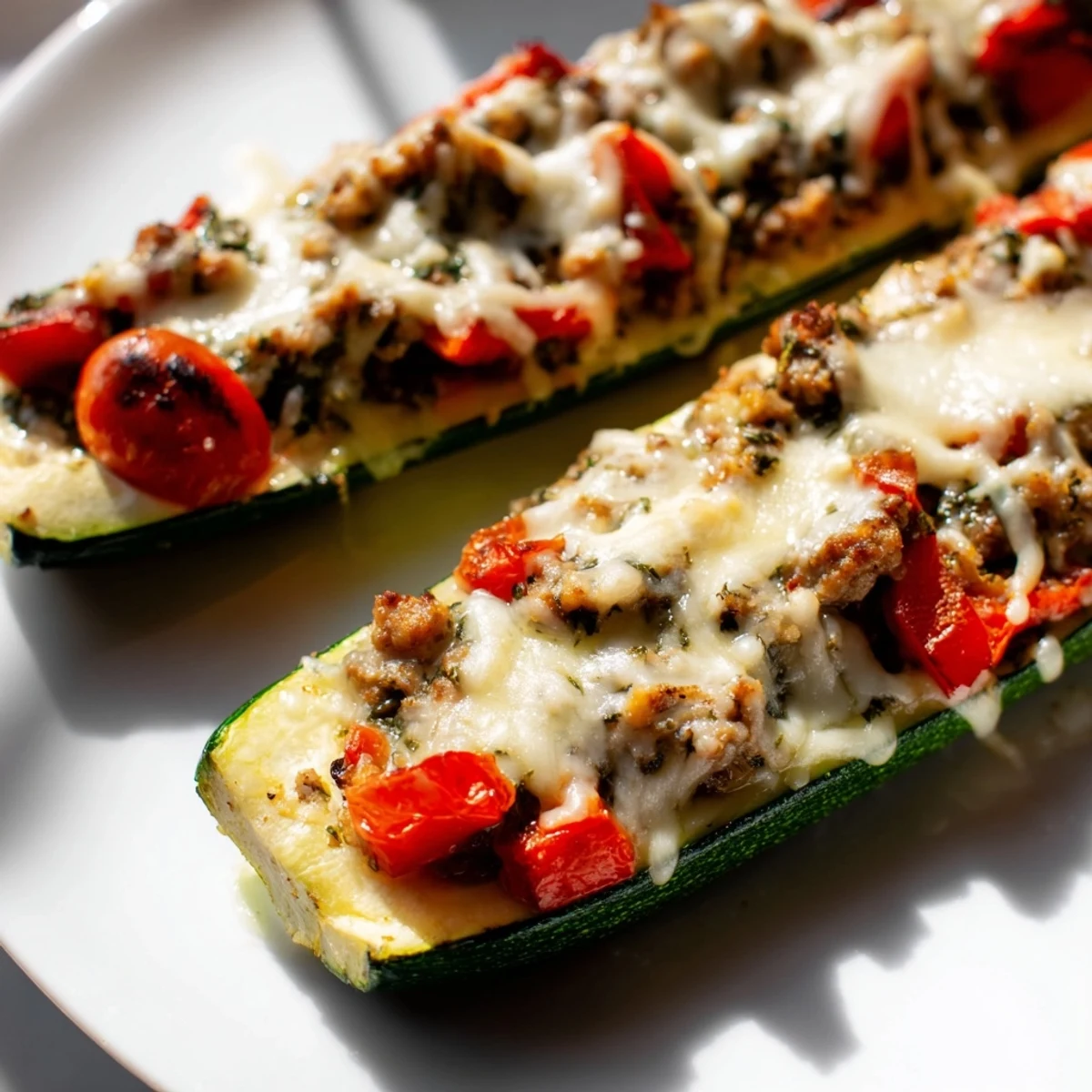 Golden melted cheese tops pesto turkey stuffed zucchini boats on a white baking dish
