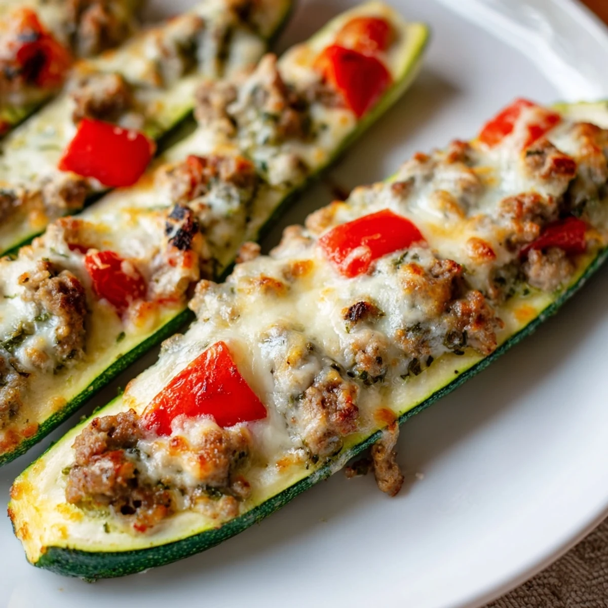 Baked zucchini boats overflowing with seasoned turkey and basil pesto under bubbly mozzarella