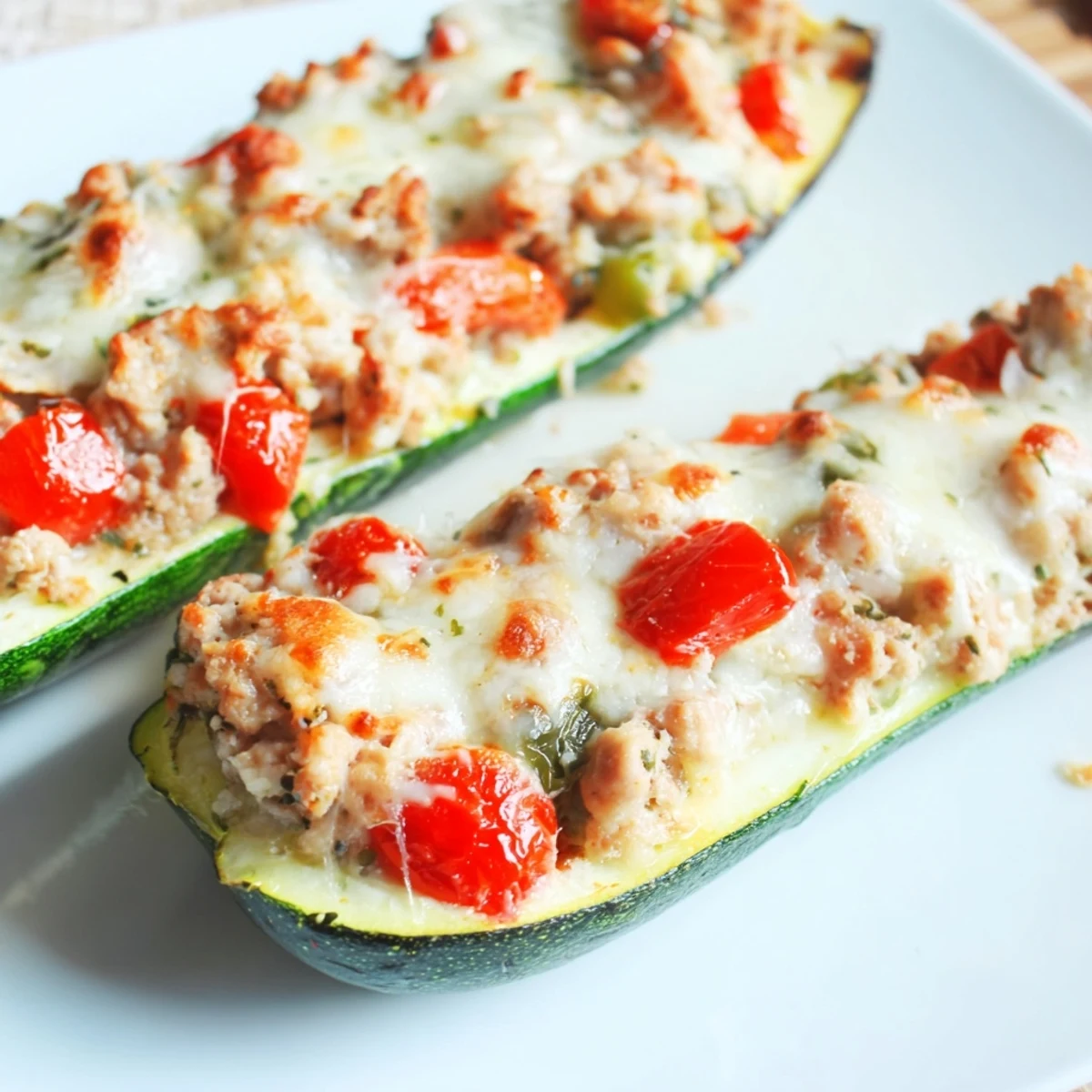 Tender zucchini halves filled with savory ground turkey pesto mixture and colorful vegetables