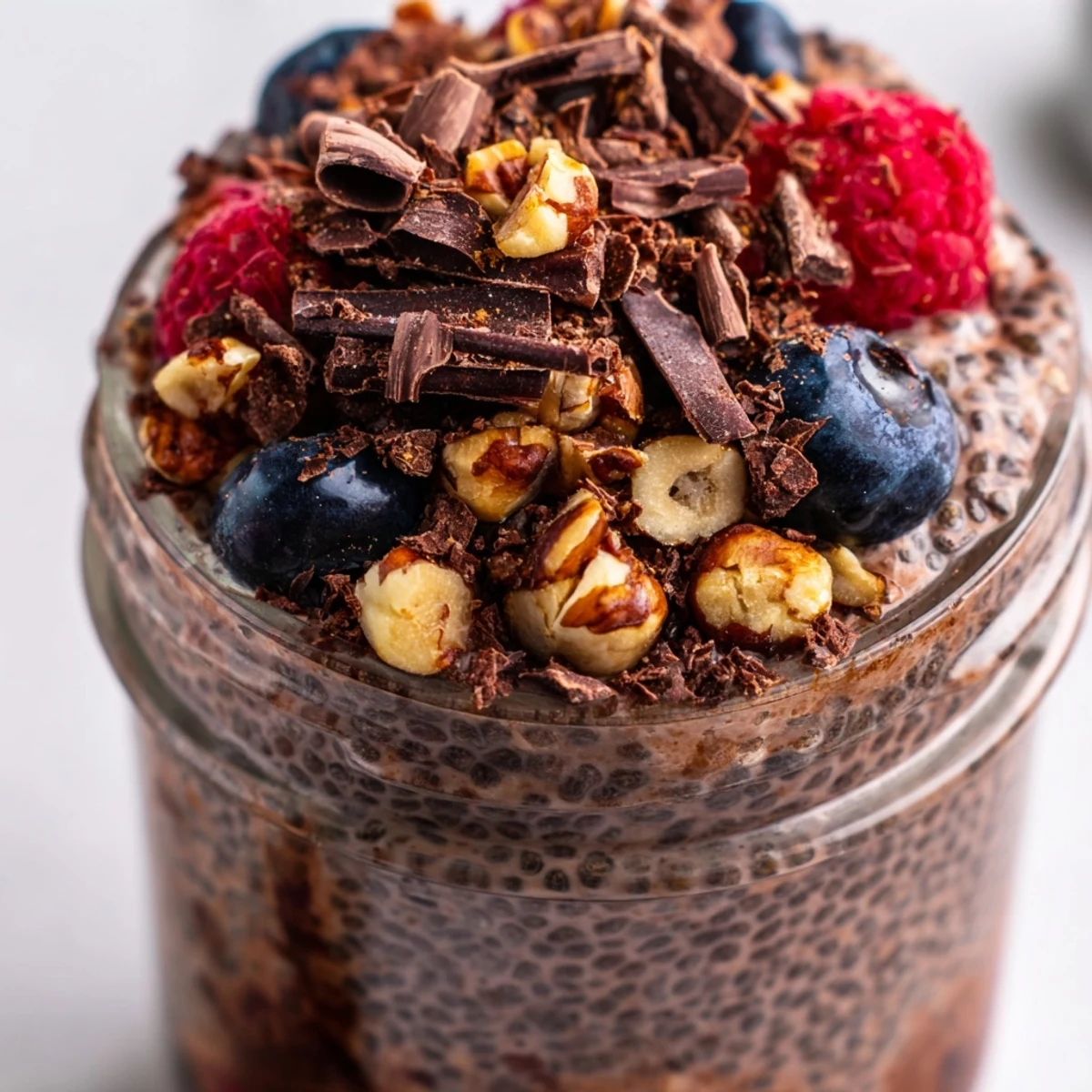 Rich chocolate hazelnut protein chia pudding topped with fresh berries and crunchy hazelnut pieces for a healthy breakfast
