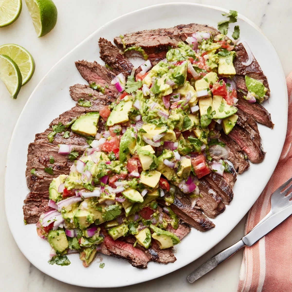 Grilled flank steak sliced against the grain topped with vibrant green garlic lime avocado salsa
