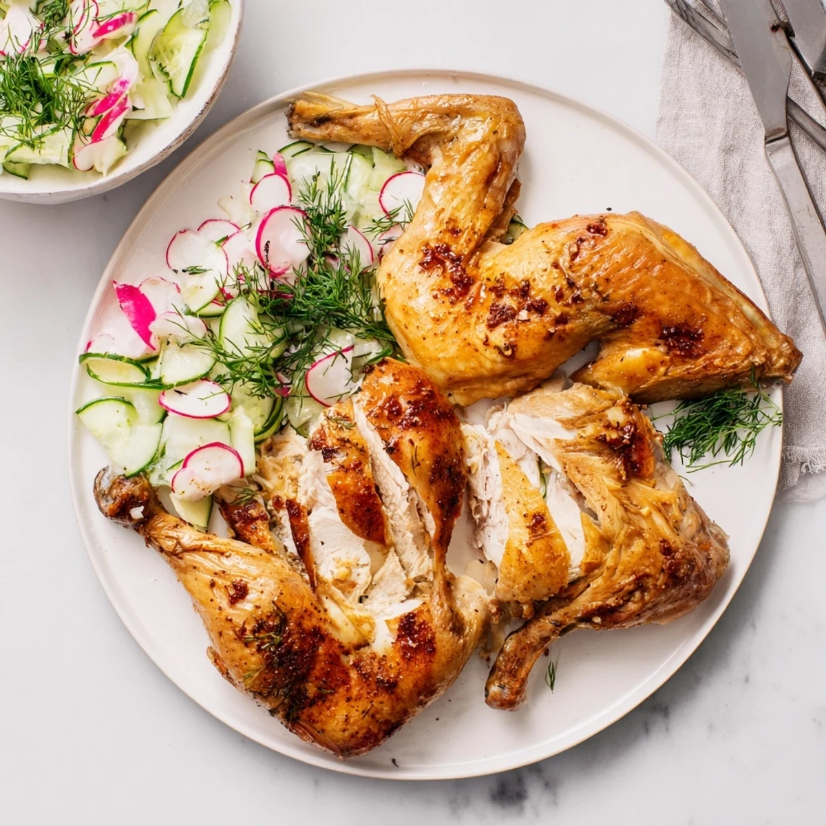 Carved lemon herb rotisserie style chicken pieces served over fresh cucumber and radish salad with herbs