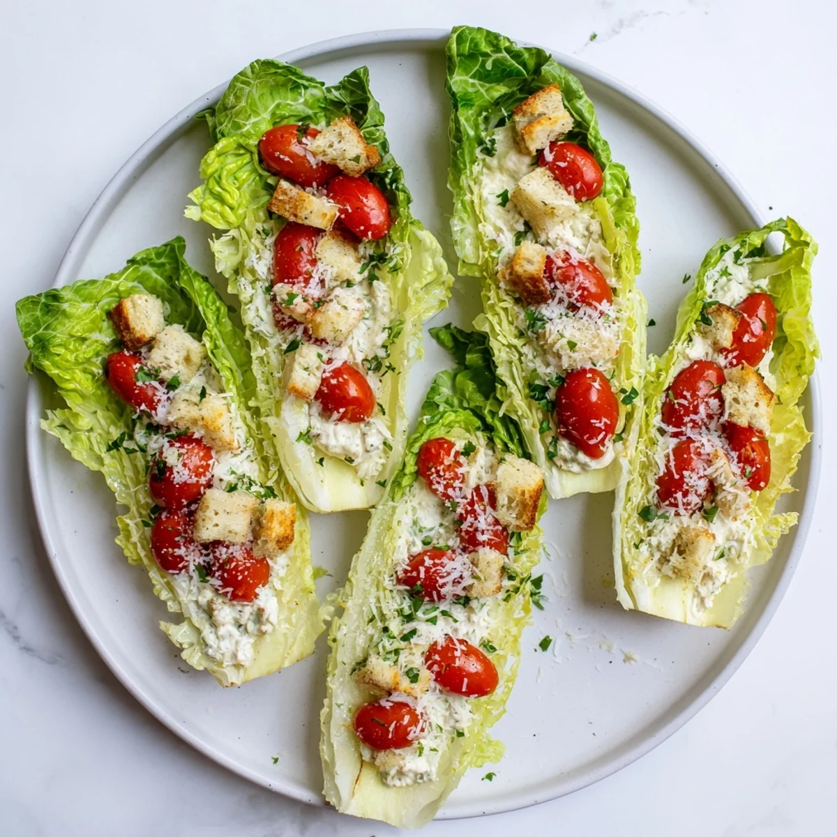 Fresh lettuce cups stuffed with tangy cottage cheese Caesar salad and cherry tomato garnish