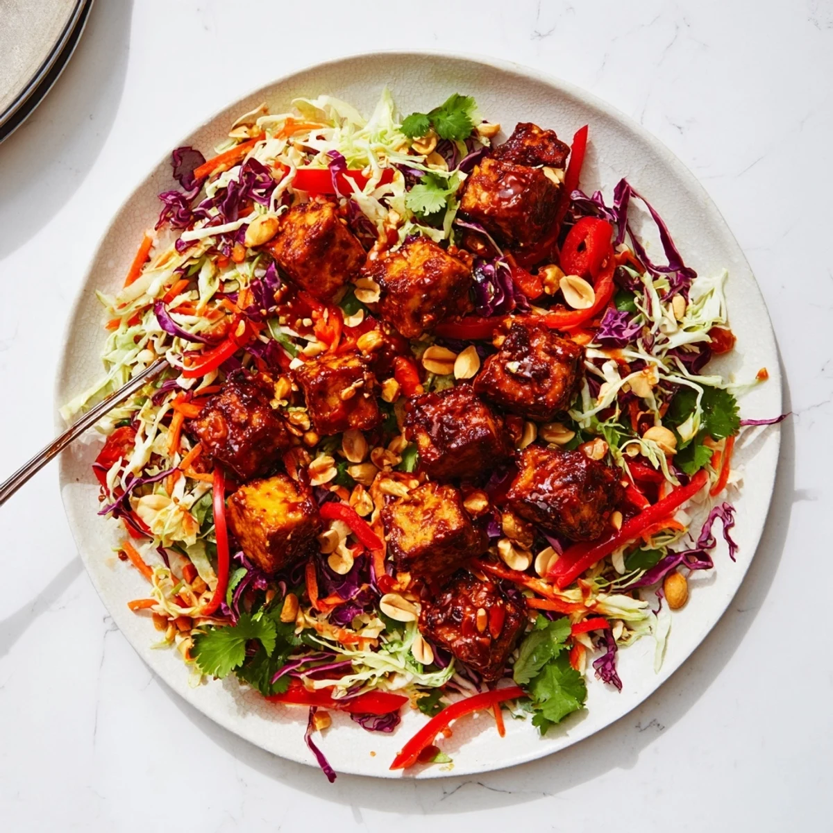 Spicy glazed baked tofu topping a vibrant Asian-inspired slaw with fresh cilantro and zesty sesame dressing drizzled throughout
