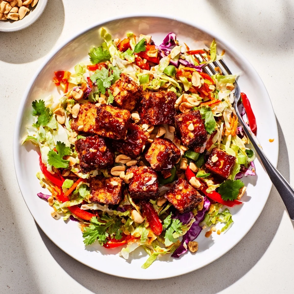Golden crispy Sriracha tofu cubes arranged over colorful purple and green cabbage crunch salad with scattered crushed peanuts