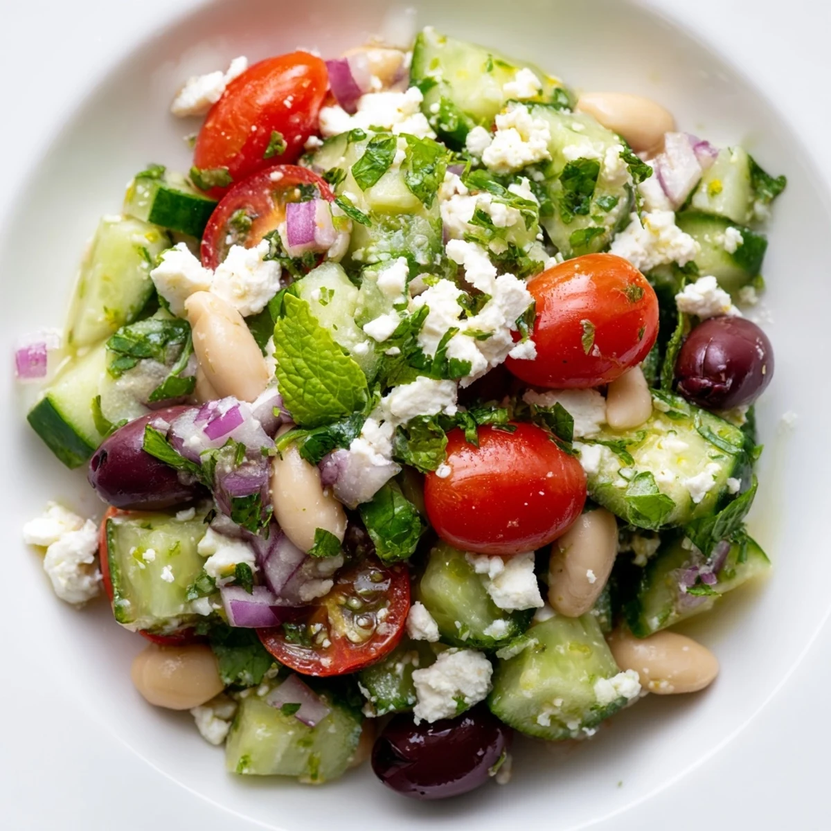 Crisp Mediterranean white bean and cucumber salad tossed in lemon olive oil dressing