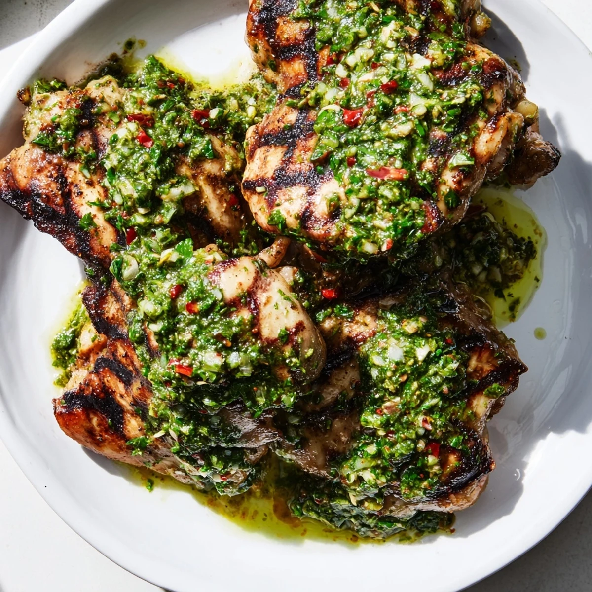 Juicy chicken thighs in vibrant green chimichurri atop tender asparagus snap peas and baby zucchini