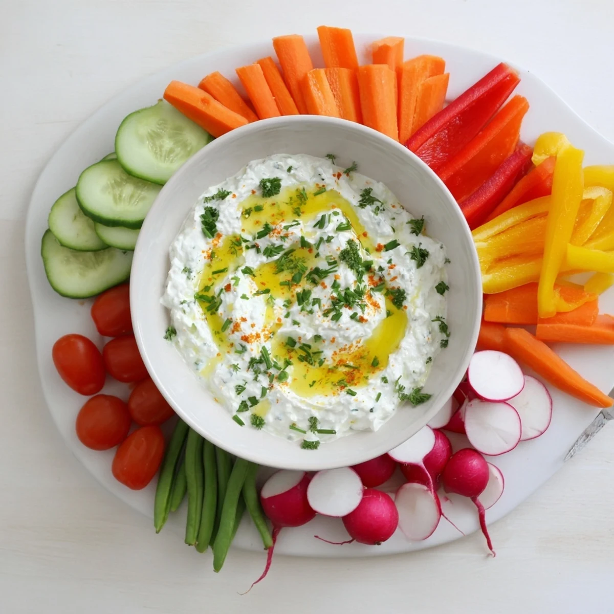 Protein-packed cottage cheese lemon herb dip bowl garnished with fresh herbs surrounded by raw vegetables