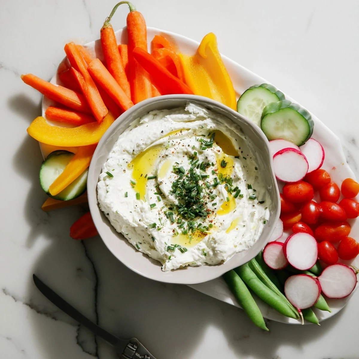 Zesty cottage cheese lemon herb dip alongside vibrant carrot cucumber and bell pepper crudites