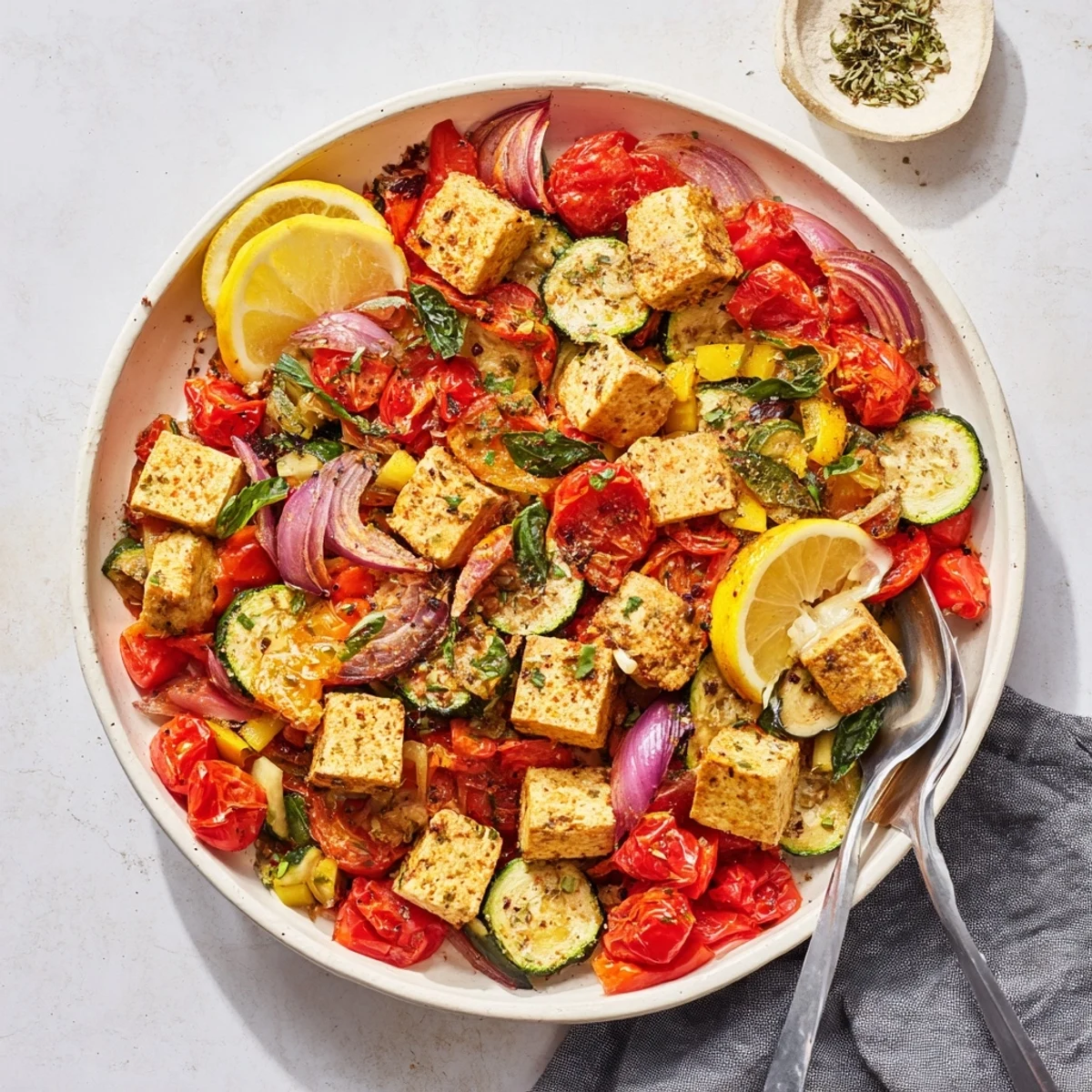 Golden brown tofu cubes simmered with colorful vegetables in Mediterranean herb tofu and tomato skillet