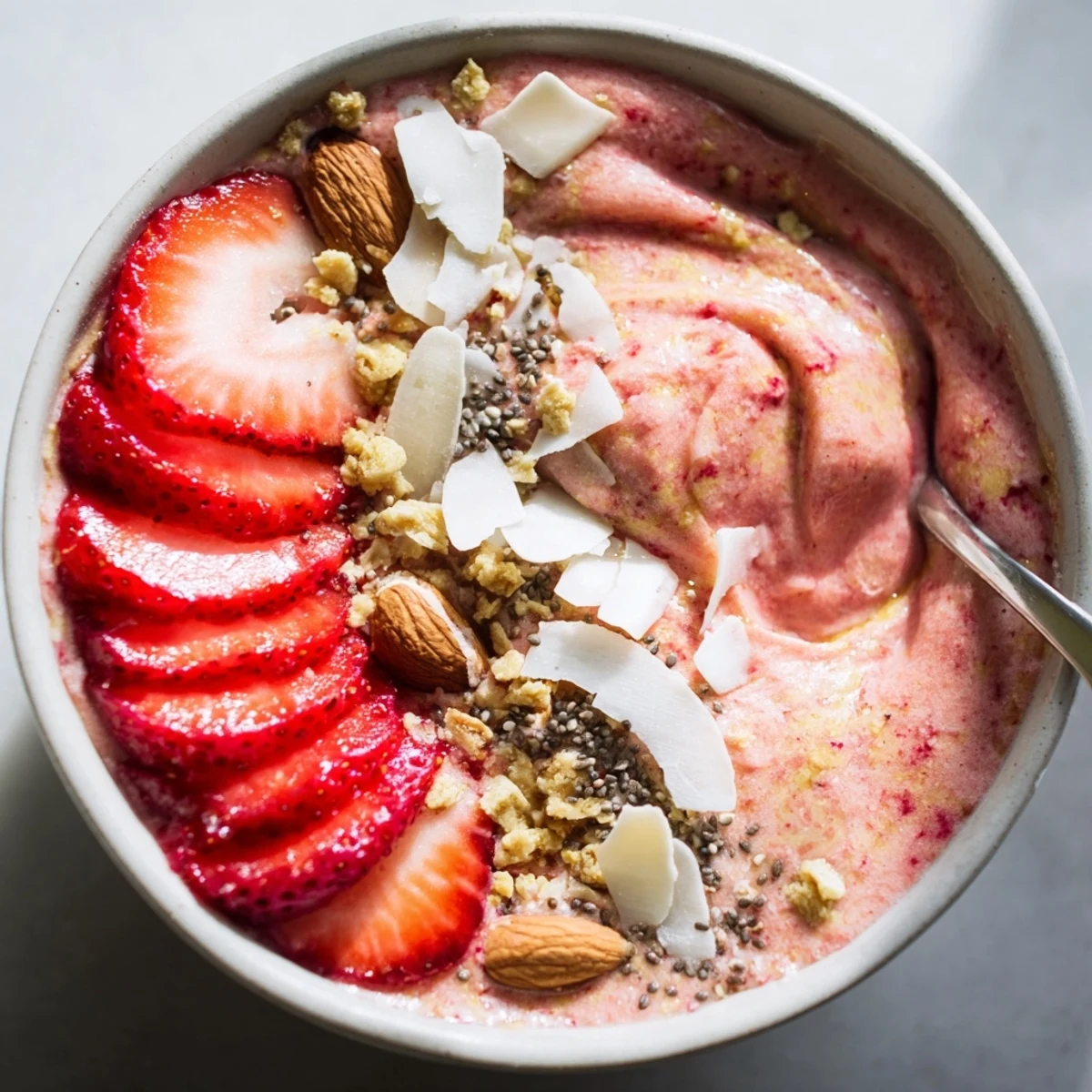 Vibrant breakfast bowl featuring sweet strawberries blended with almond butter and arranged with coconut flakes and almonds