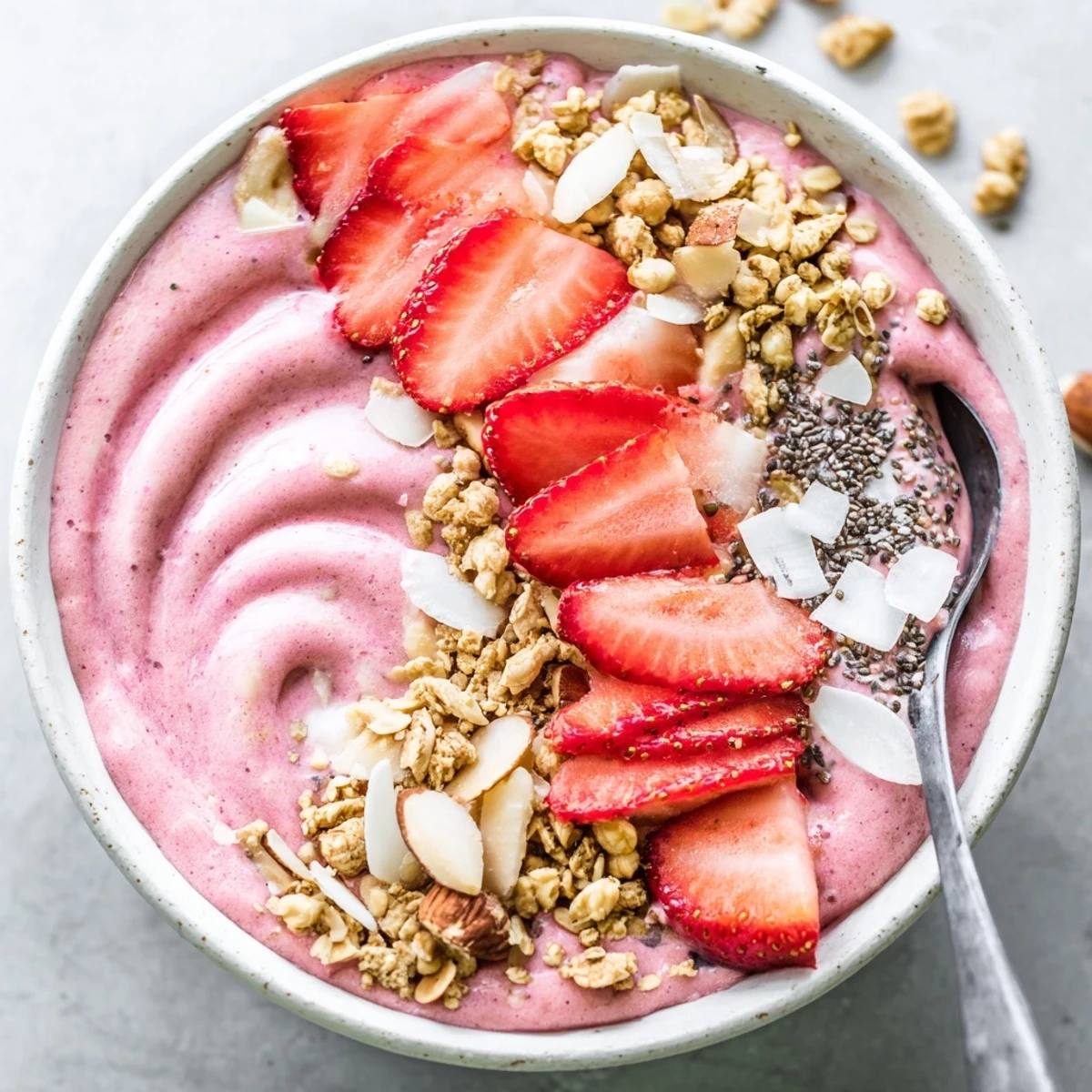 Protein-packed smoothie bowl with frozen strawberry base almond butter swirls and colorful fresh fruit toppings