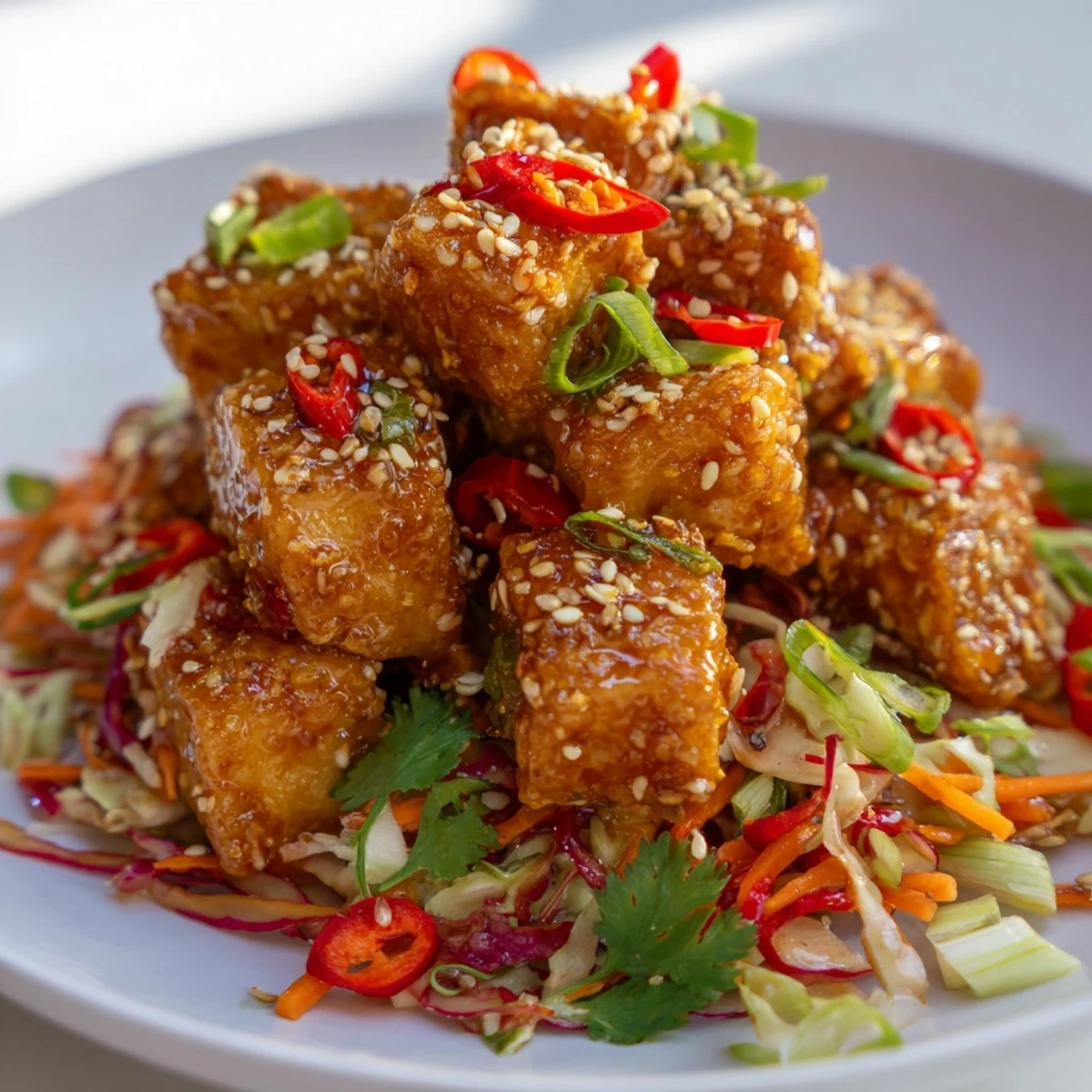 Golden crispy spicy ginger sesame tofu cubes coated in glossy red sauce over fresh purple and green cabbage salad