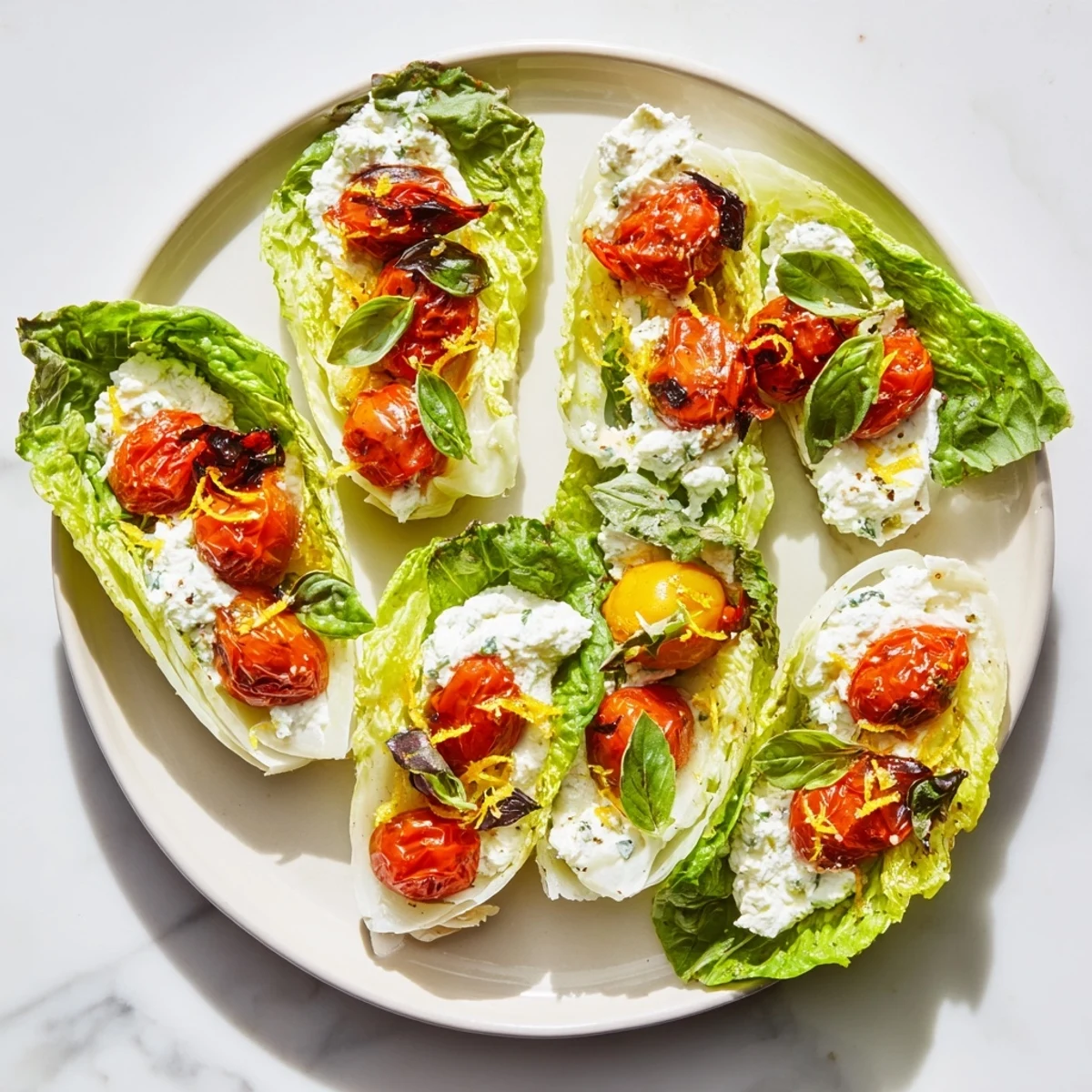 Golden blistered cherry tomatoes atop creamy whipped ricotta served in fresh green lettuce leaves