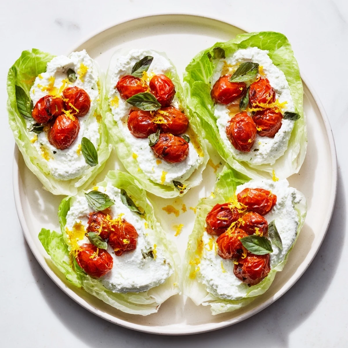 Mediterranean appetizer featuring smooth ricotta cheese and caramelized tomatoes inside crunchy lettuce boats