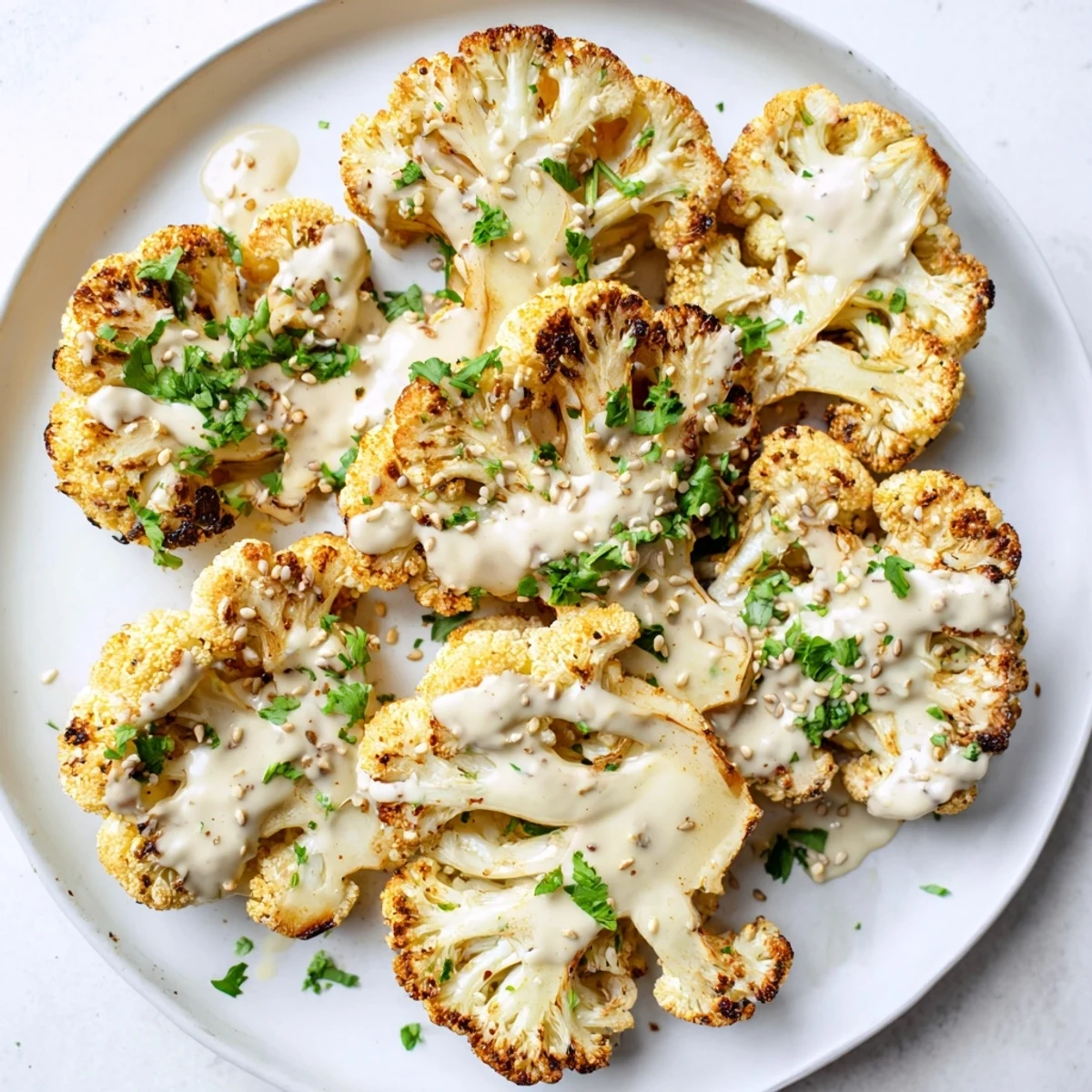 Tender spiced cauliflower roasted to perfection topped with luscious lemony tahini and fresh parsley garnish