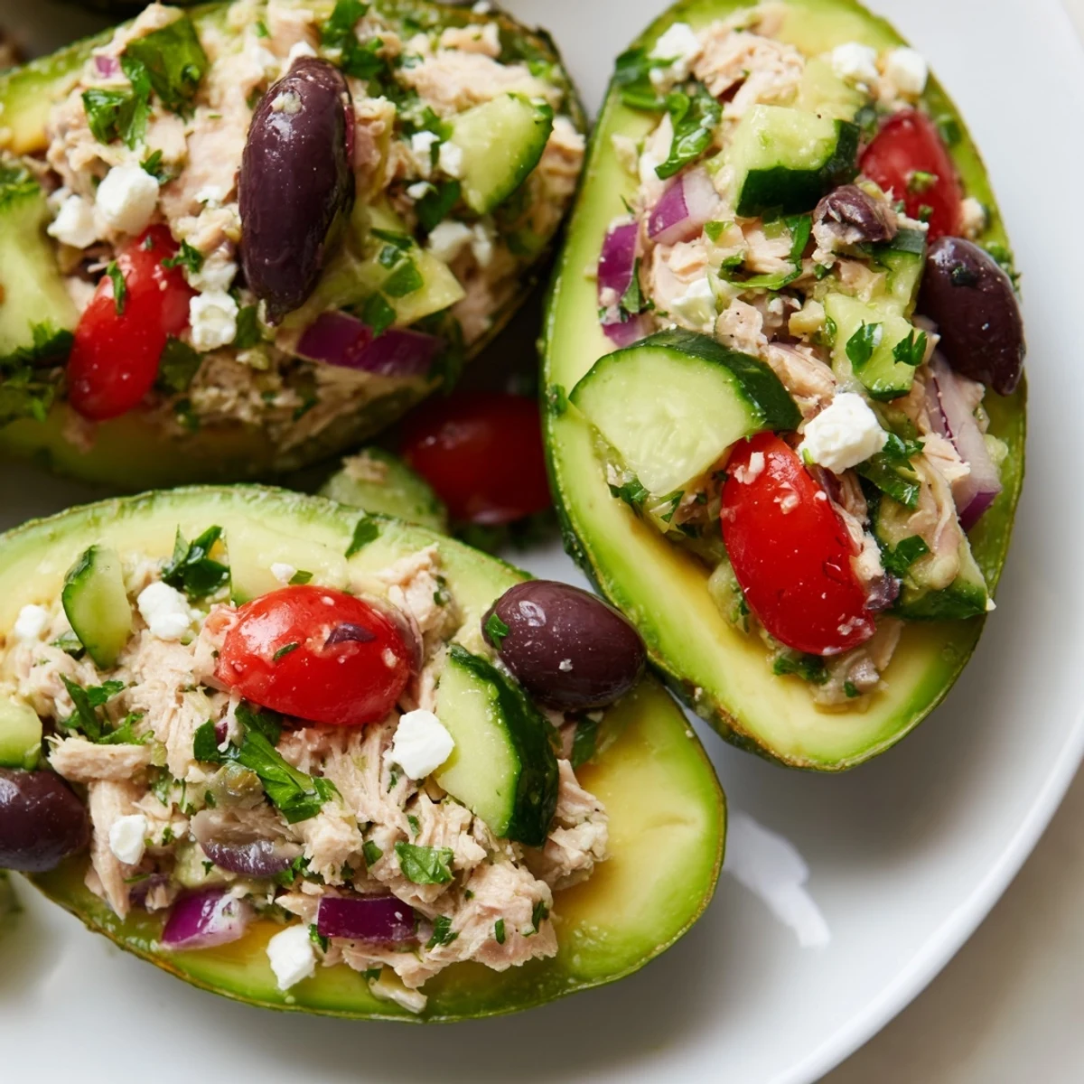 Fresh avocado halves generously stuffed with zesty tuna cucumber salad and crumbled feta