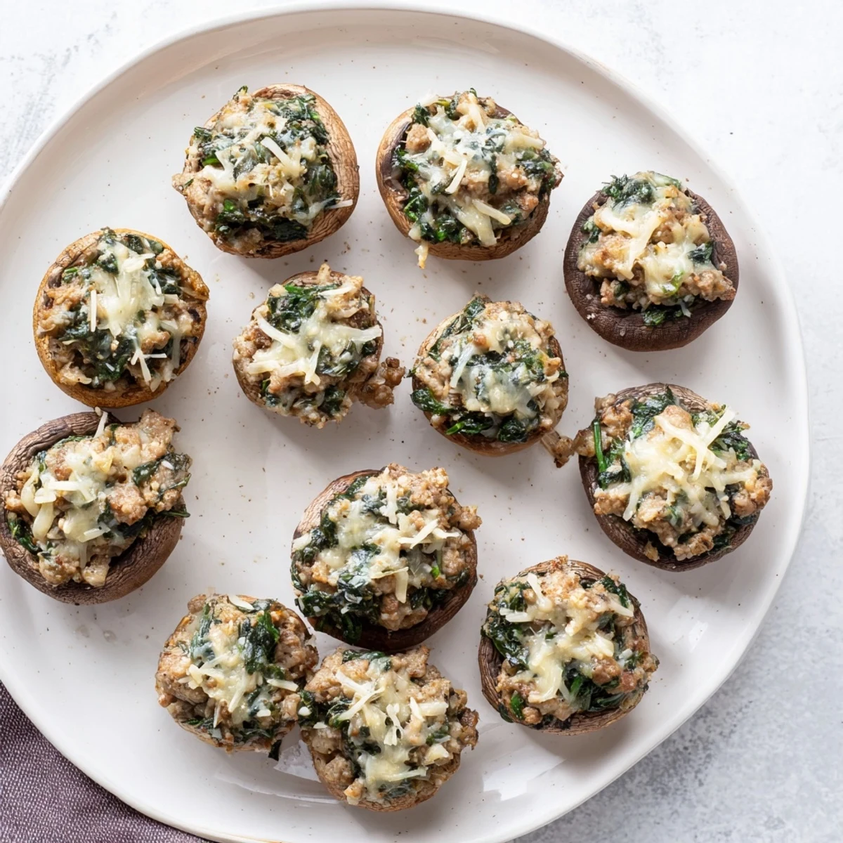 Golden baked pesto turkey and spinach stuffed mushrooms topped with melted cheese on a white plate