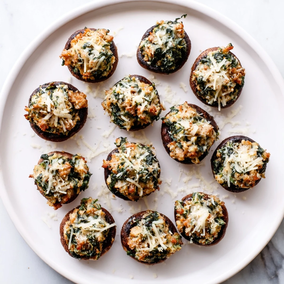 Savory mushroom caps filled with seasoned turkey spinach pesto mixture fresh from the oven