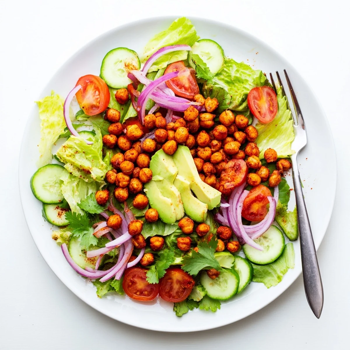 Fresh crispy chili lime chickpea and avocado salad with zesty lime dressing drizzled over greens