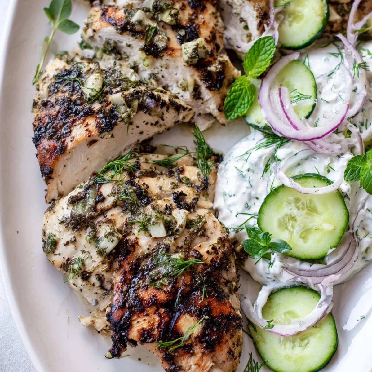 Zesty lemon herb grilled chicken served with refreshing cucumber and dill cream salad on white plate