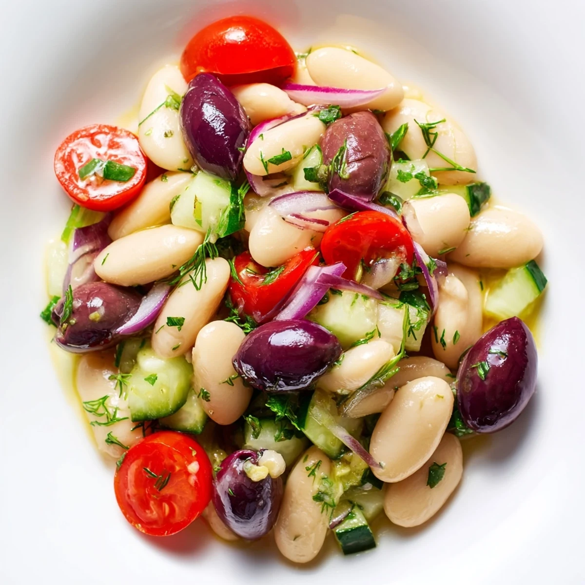 Creamy white beans tossed with Kalamata olives, cherry tomatoes, cucumber, and fragrant fresh herbs for a vibrant Mediterranean salad
