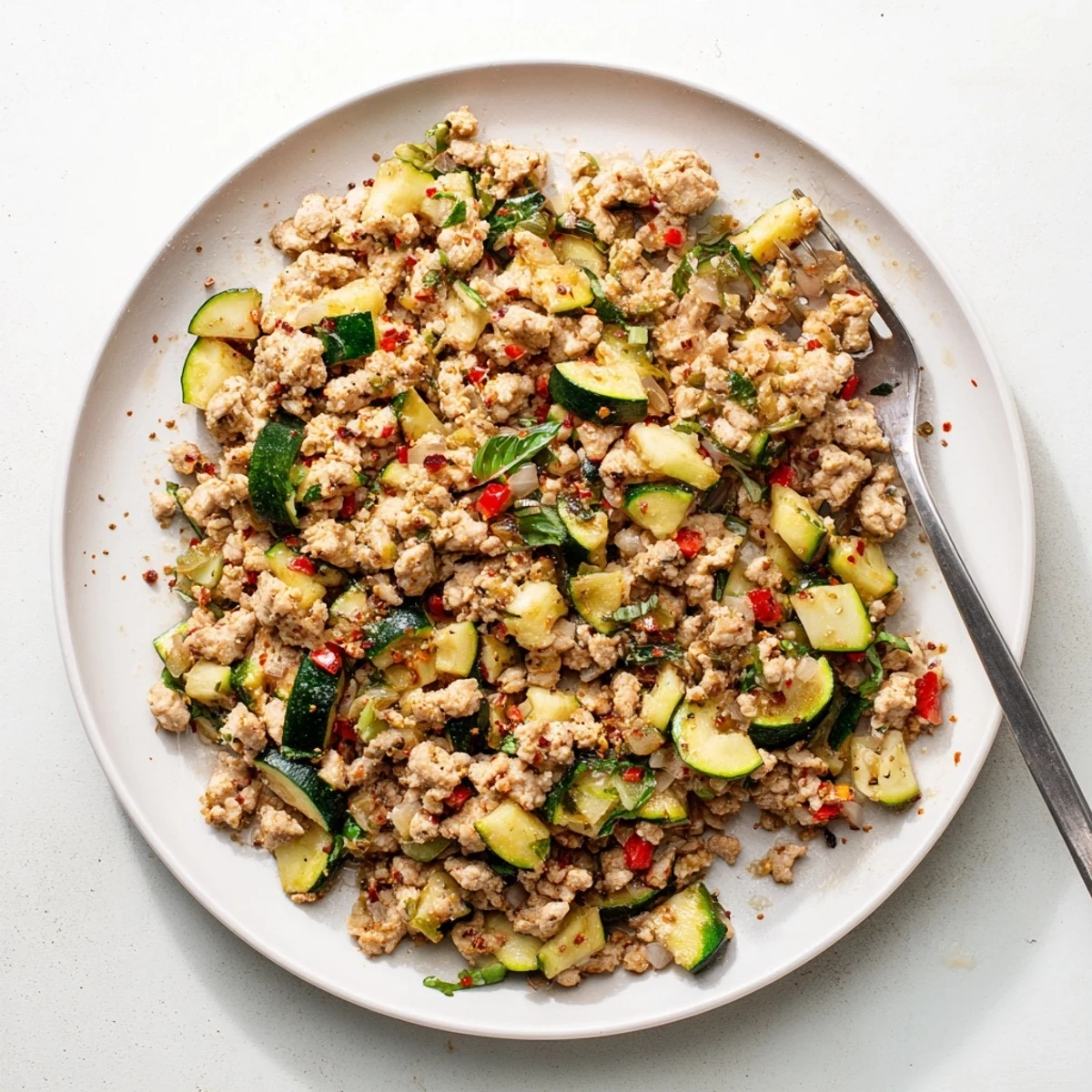 Golden skillet with garlic basil turkey and zucchini, garnished with fresh basil leaves