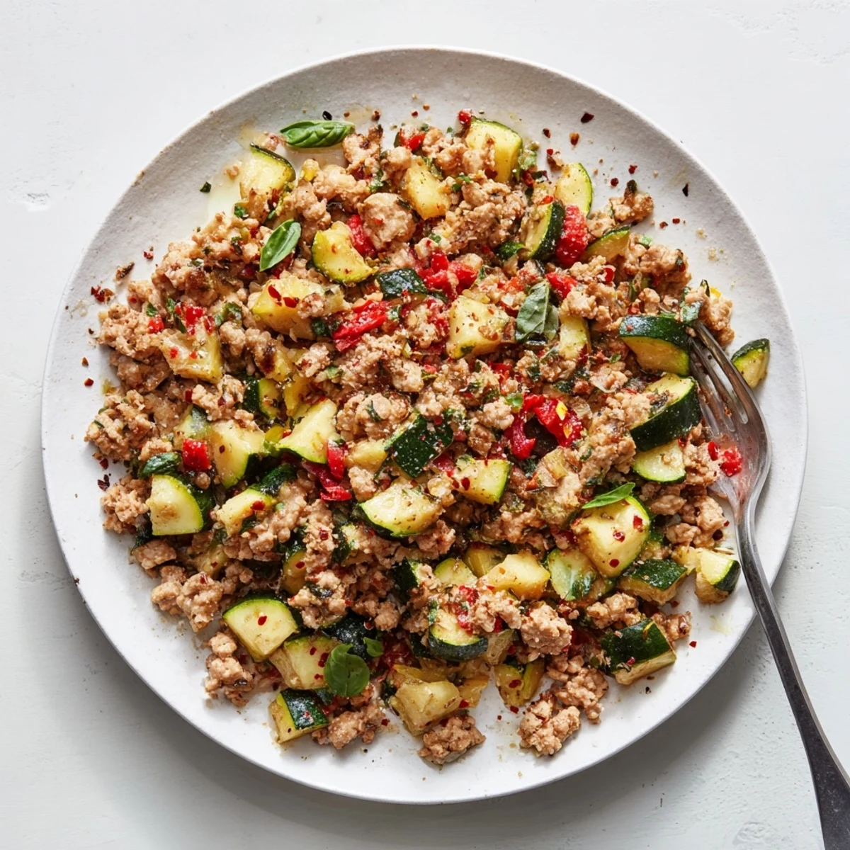 Savory ground turkey and zucchini skillet sizzling with garlic, basil, and red bell pepper