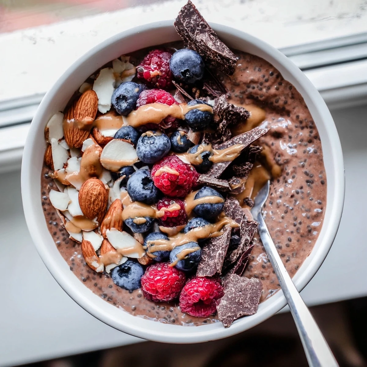 Rich chocolate almond protein chia pudding topped with fresh berries and toasted sliced almonds in a glass bowl