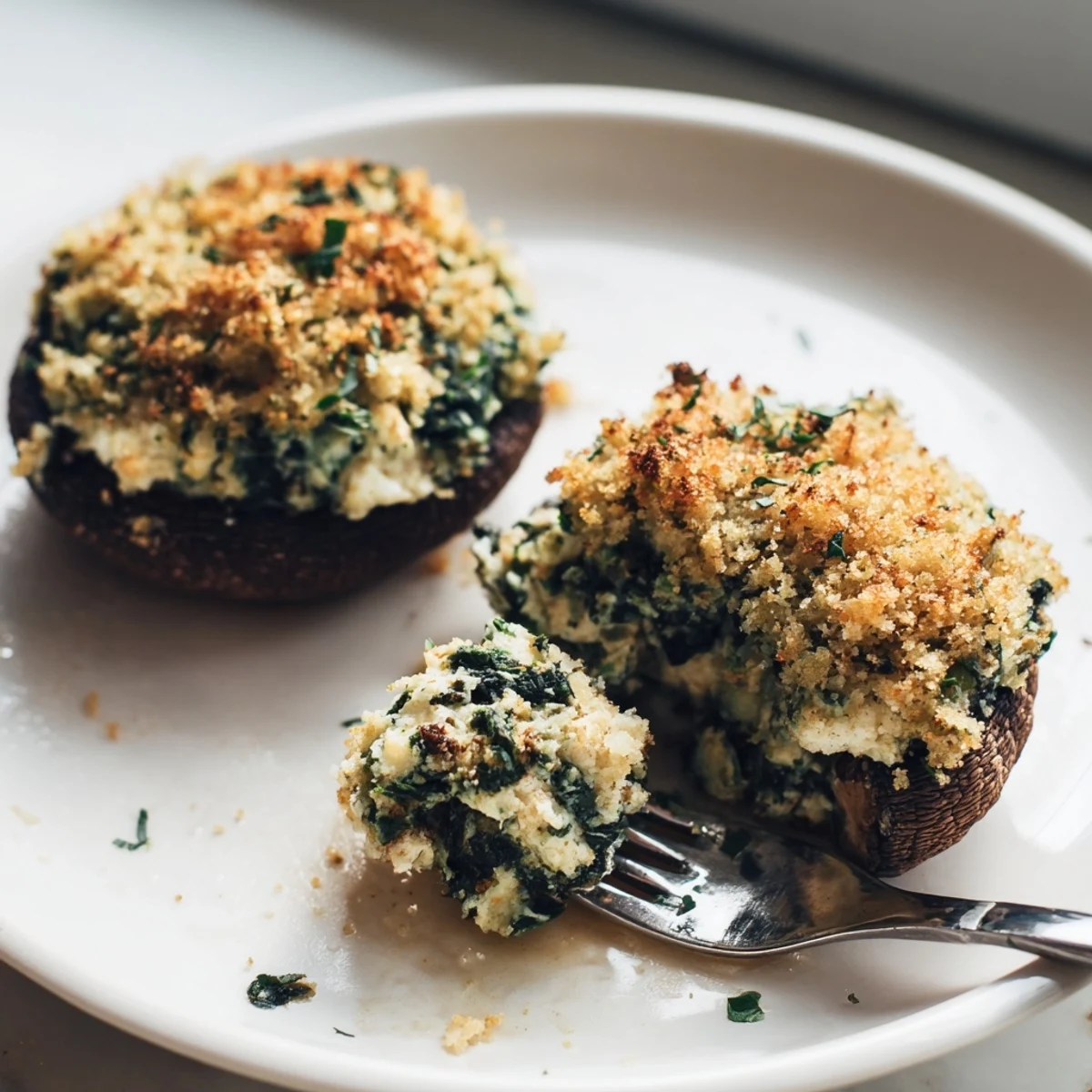 Golden brown cottage cheese spinach stuffed portobello mushrooms sprinkled with breadcrumbs and Parmesan