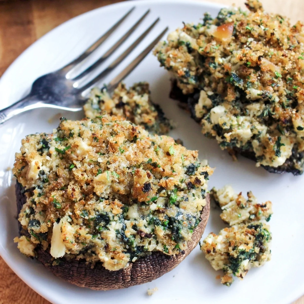 Four large roasted mushroom caps filled with spinach cottage cheese mixture and crispy topping