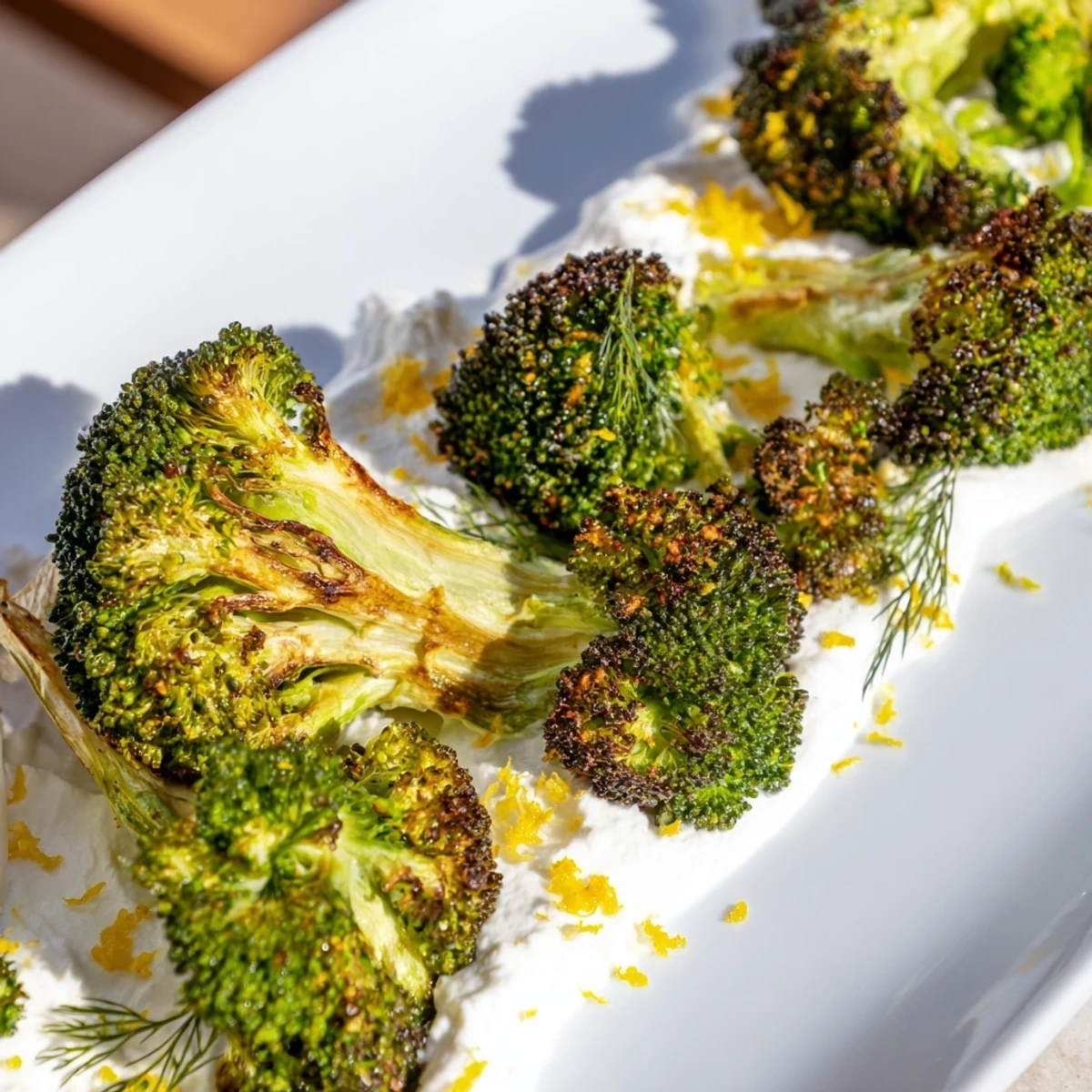 Charred tender broccoli resting on smooth feta yogurt spread finished with fresh citrus garnish