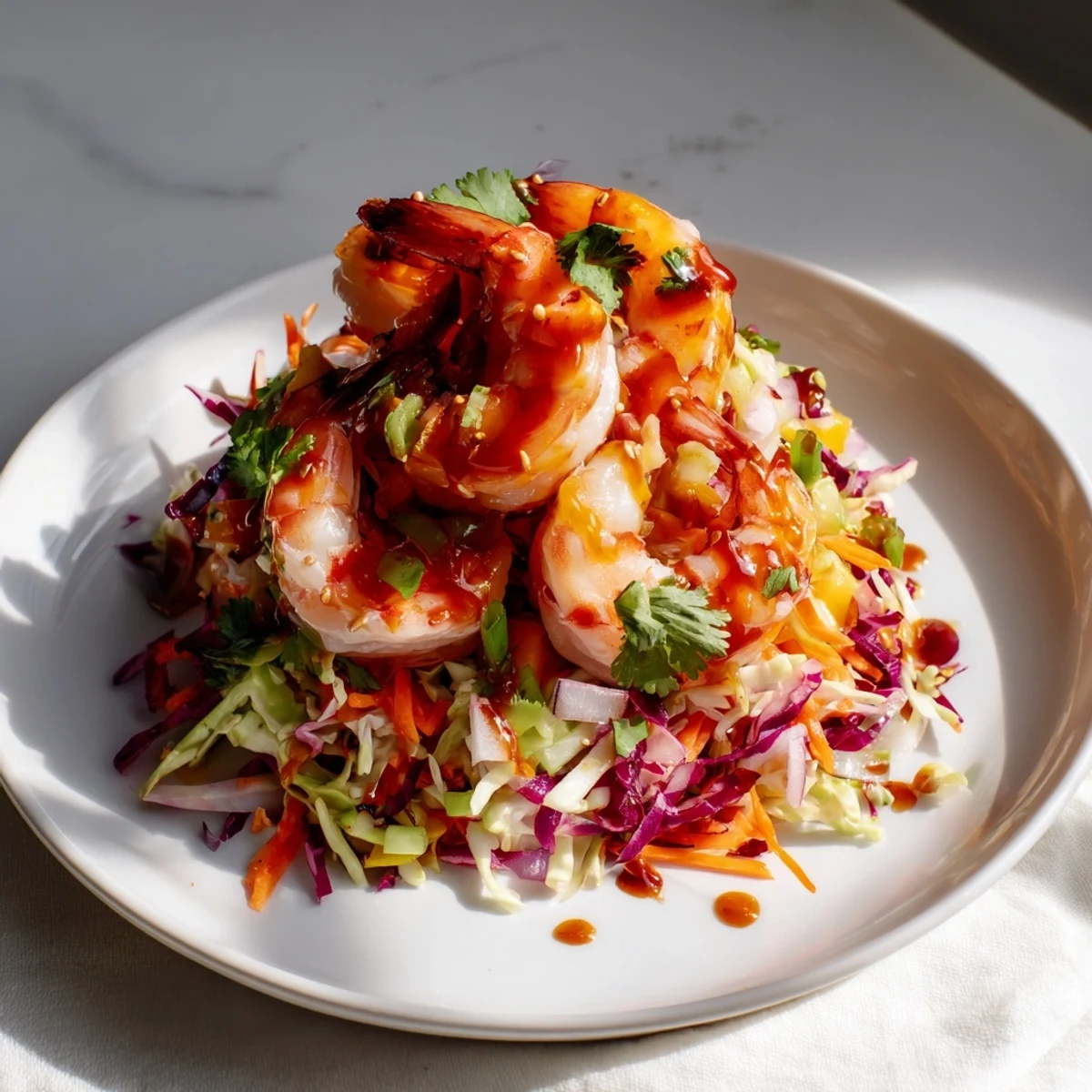 Golden glazed spicy mango shrimp arranged over colorful purple and green cabbage slaw with fresh cilantro garnish