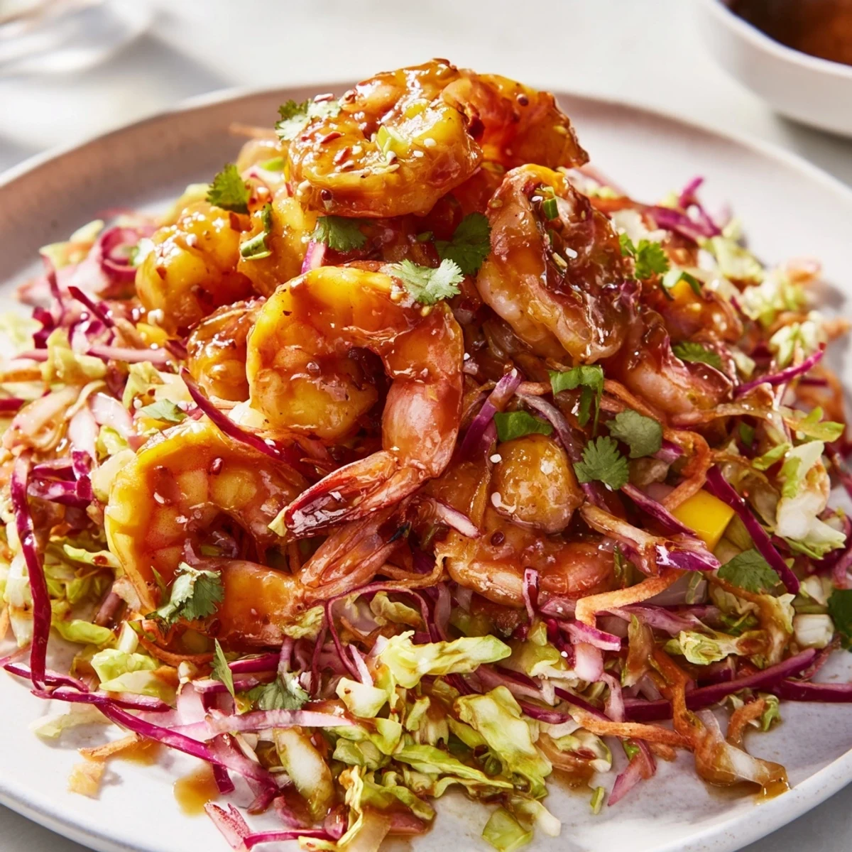 Fusion-style spicy mango shrimp served over vibrant crunchy cabbage slaw with fresh lime and cilantro toppings